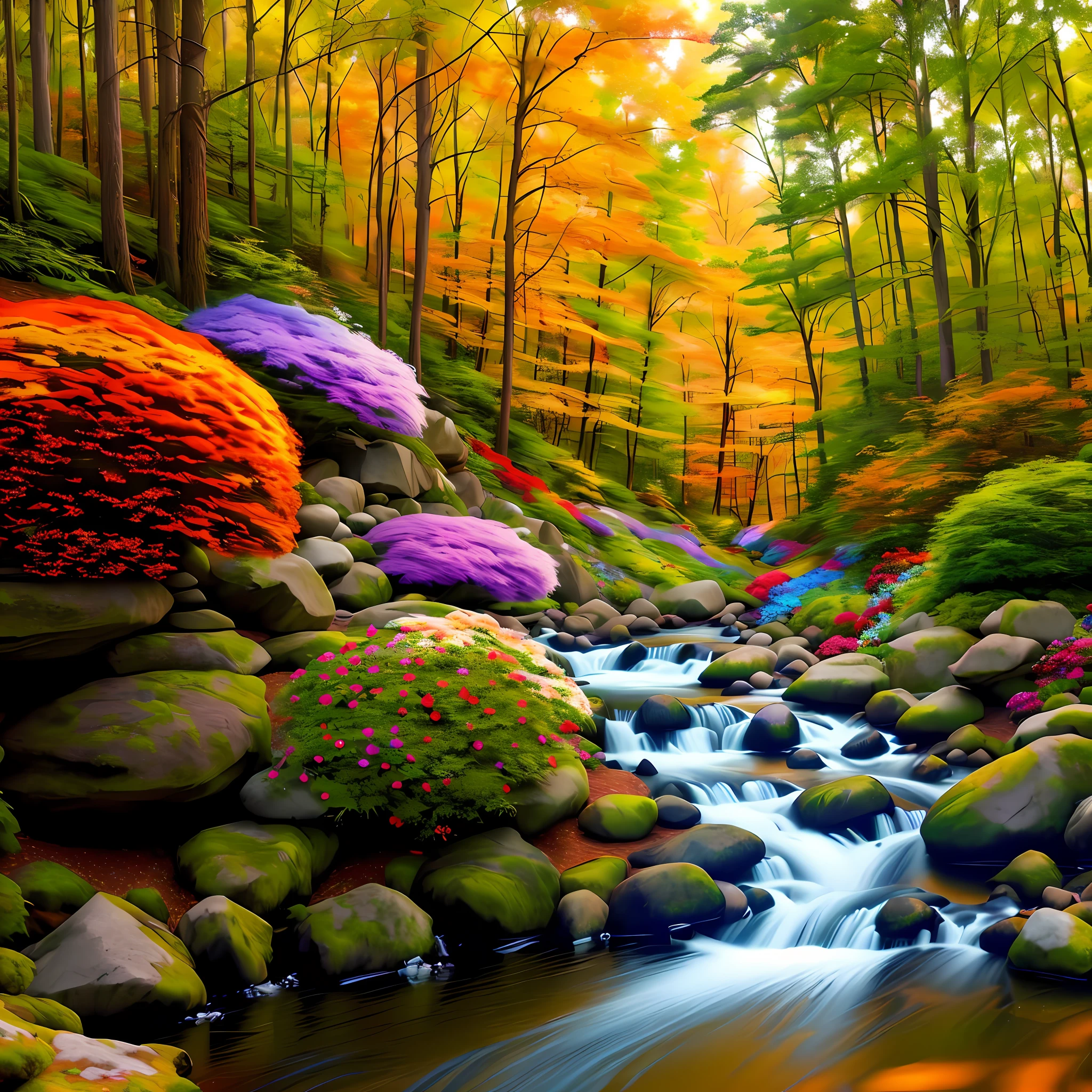 Images colorful forest diverse colors with colorful flowers orange green red blue river butterflies real photo 3d cinema 8k sun well lit vibrant colors shrubs rocks, beautiful trees with a little color