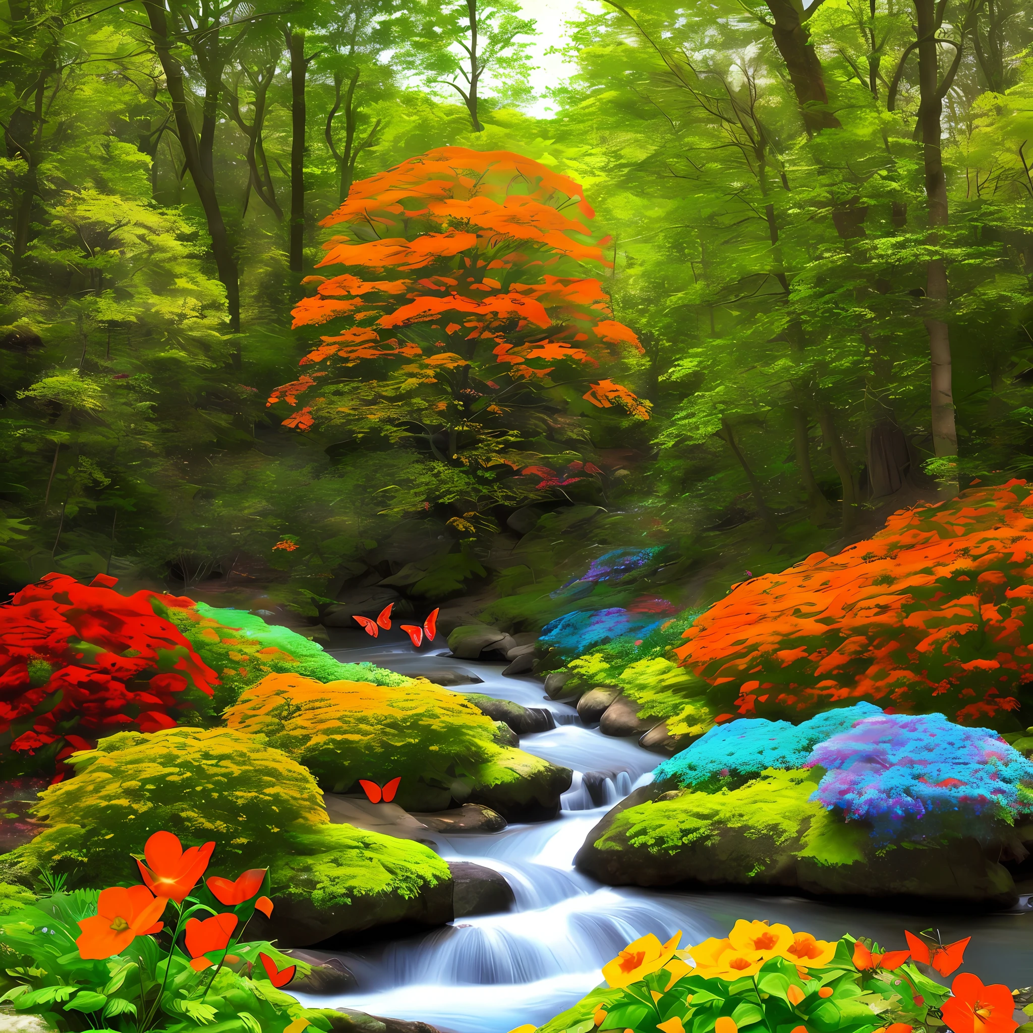 Images colorful forest diverse colors with colorful flowers orange green red blue river butterflies real photo 3d cinema 8k sun well lit vibrant colors shrubs rocks, beautiful trees with a little color