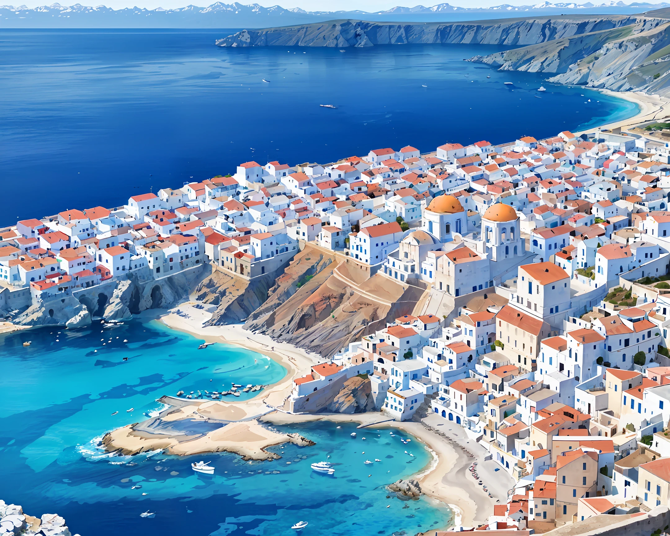 beautiful sunny morning in Santorine in Greece, calm and very beautiful sea, special attention to details, clear, blue and sunny sky, photorealistic, video go pro, HD, 16k