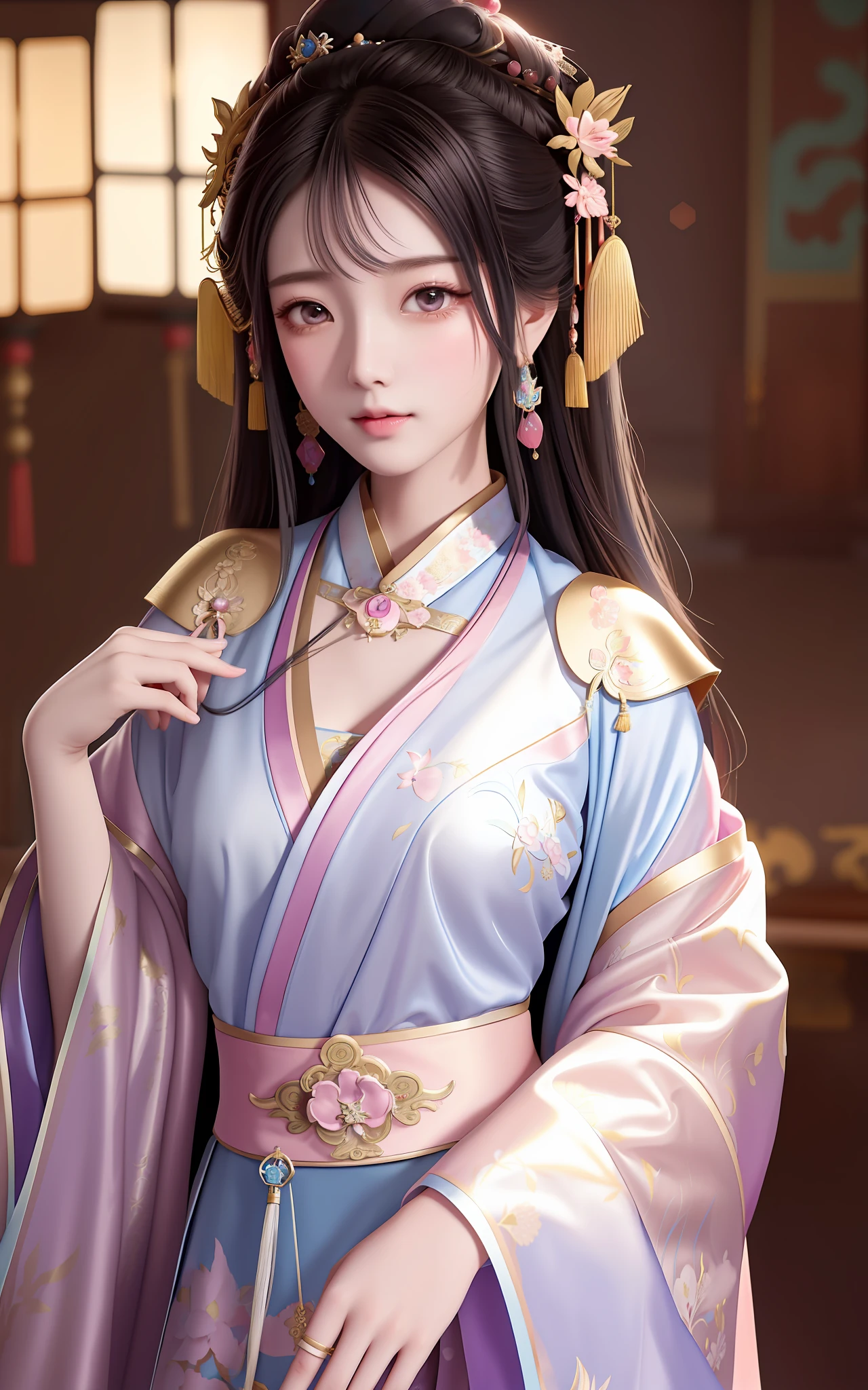 araffe asian woman in a blue and pink dress posing for a picture, palace , a girl in hanfu, a beautiful fantasy empress, ((a beautiful fantasy empress)), ancient chinese princess, 8k high quality detailed art, wearing ancient chinese clothes, inspired by Lan Ying, artwork in the style of guweiz, beautiful character painting, trending on cgstation
