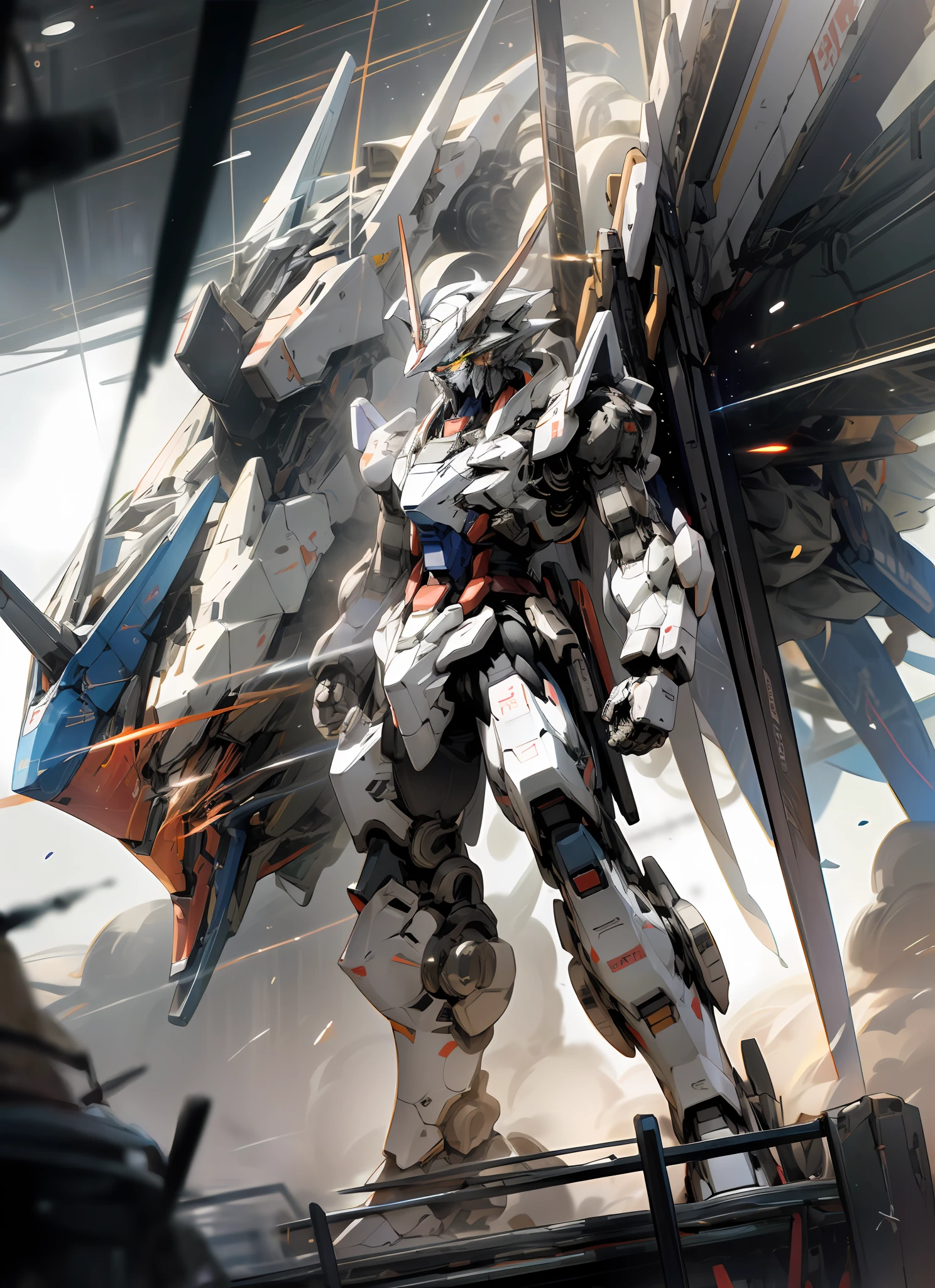 Surrealism, ray tracing, UHD, high details, 8k, best quality, textured skin, Gundam mech, mecha dragon, masterpiece, best quality, mecha, unmanned, (full body), (white mech: 1.5), (axisymmetry: 1.4), (HDR), (movie light: 1.1), white eyes, cool, science fiction, fire, laser cannon beam, war, conflict, Space looking down on the background of the earth with weapons in hand, (holding huge weapons: 1.5), holding oversized shields, mecha men,