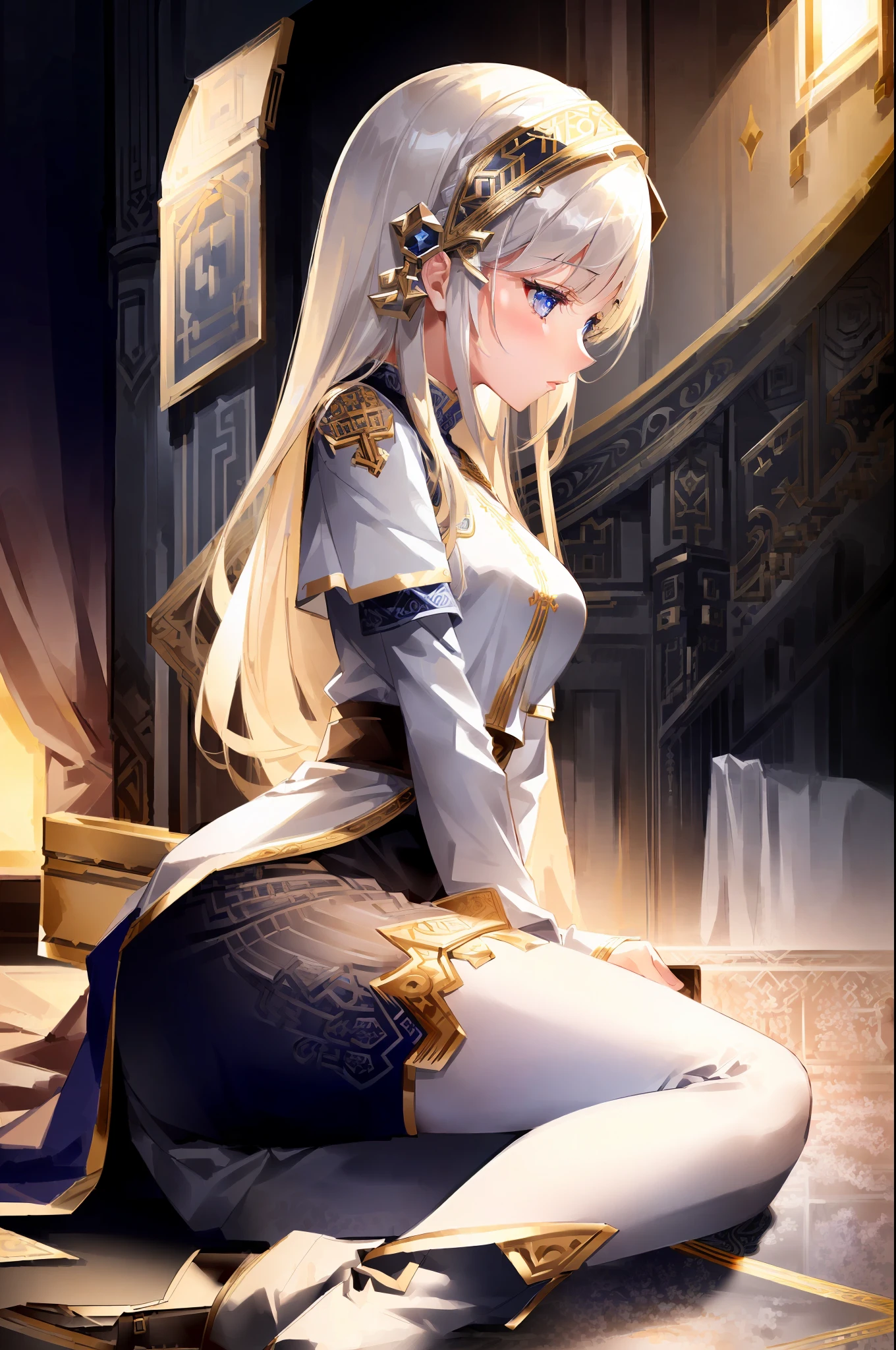 1 girl, mature, petite, ((blue eyes)), knee long hair, tight white boots, ((priestess)), ((masterpiece, top quality, best quality, official art, beautiful and aesthetic:1.2), extreme detailed, colorful, highest detailed ((ultra-detailed)), (highly detailed CG illustration), ((an extremely delicate and beautiful)), cinematic light, side view, head down, sitting