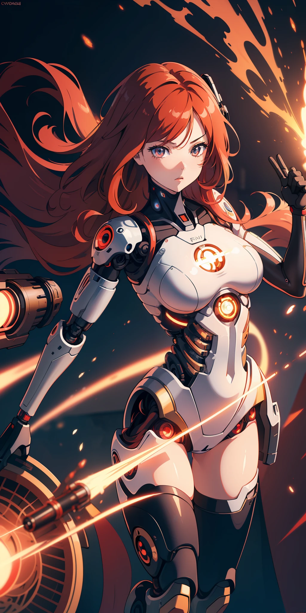 (extremely detailed CG unity 8k wallpaper), (finely detailed beautiful eyes: 1.2), (1 girl), (cyborg:1.3), (high-tech), (long crimson hair:1.2), (anime:1.2), Futurism, depth of field, (masterpiece:1.2), (best quality), 4K, high details