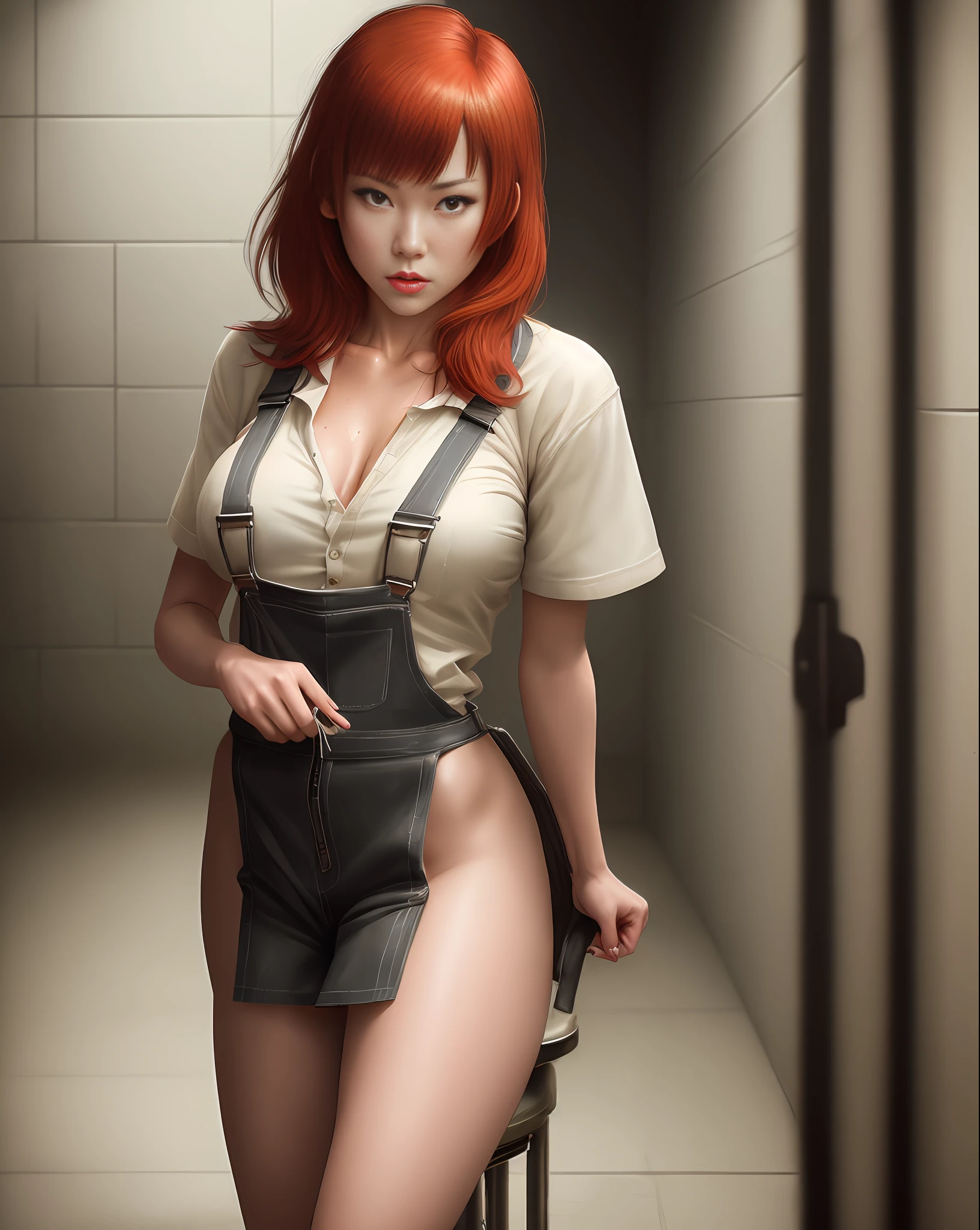 Kate Takenomiya (Prison School), realistic version, wearing a provocative outfit, open prison overalls, western face, big punctuated sweaty breasts, sweaty face, short high school black caia flying, sensuality and elegance, pose for photo, prison clothes, super realistic and detailed, prison saddle, prison bathroom, straight short red hair with short bangs, perverted smile, perverted girl, very perverted look, handcuffs, club, ties, chair, provocative sensual poses, prisoner's clothing, Full HD, best quality, a masterpiece, professional lighting, realistic style