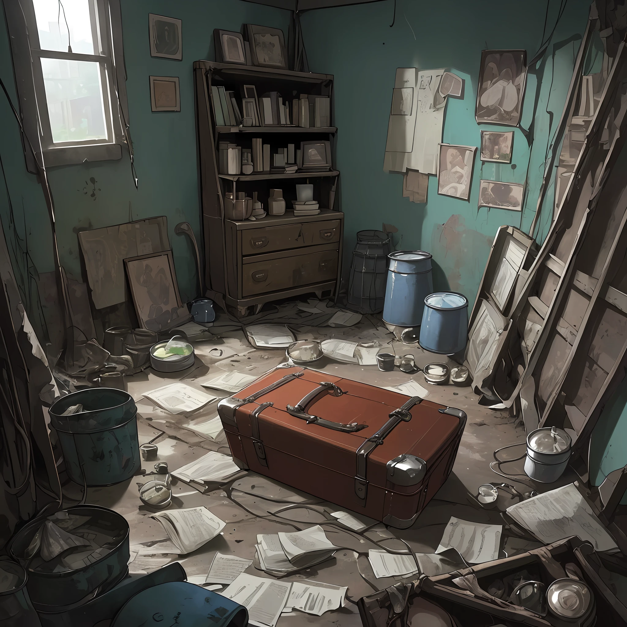 (best resolution),(masterpiece), (best shading), close-up of 1 open red suitcase full of clothes in an abandoned room with (dirt on the floor, some old torn papers, rusty cans, rusty shelves (with plastic containers, pots and tattered books), old posters broken on the walls, cracks on the walls, green mold on the surface, gray pipes on the walls, some cables pulled by the room, blue night light, dense fog, charged environment