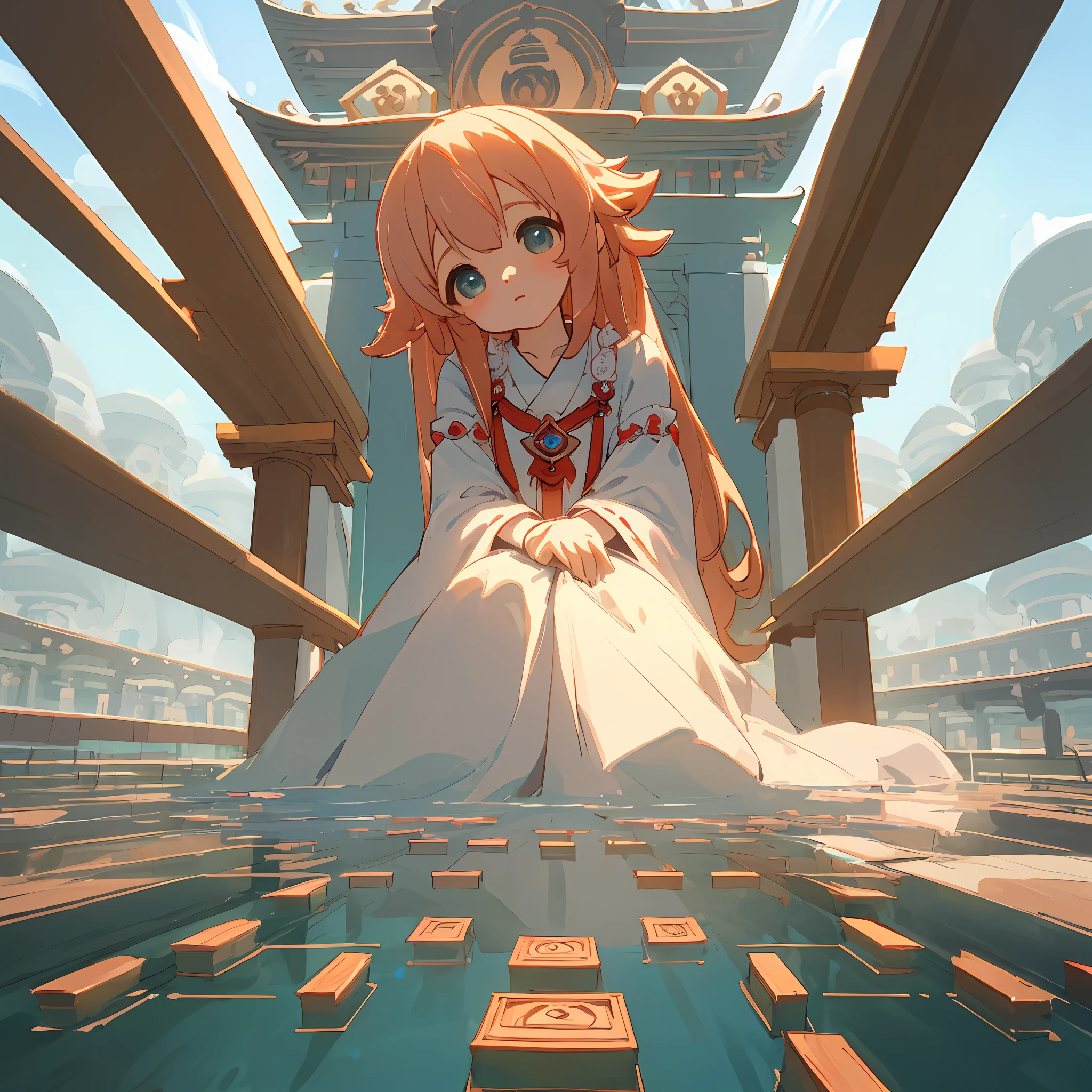 Beauty, watery big eyes, top-down perspective, looking at the camera, full body, temple
