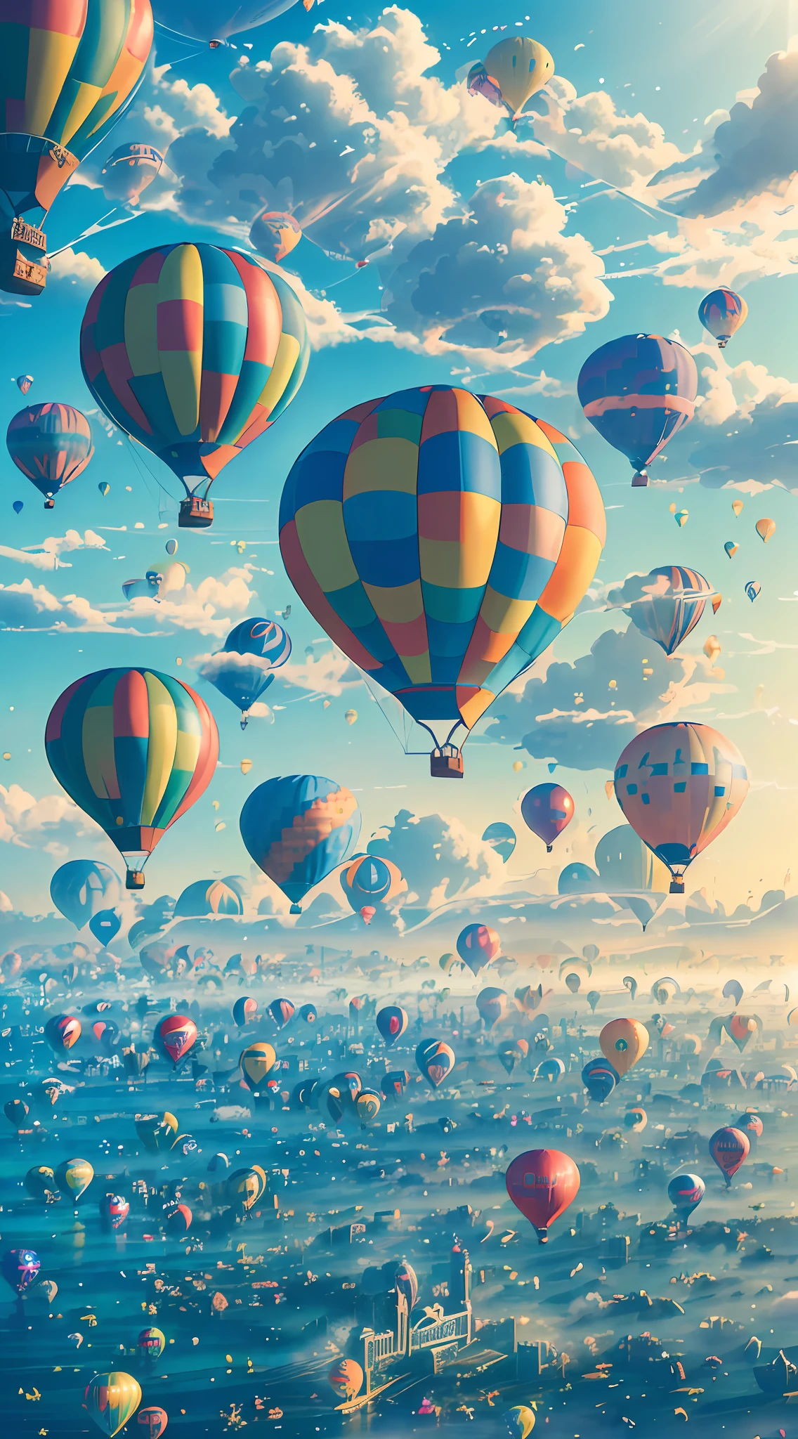 ((🎈 City in the Sky composed of hot air balloons)), artwork-quality quality, particle rendering, ({vivid} high saturation), ({floating} suspended), ({water} water surface) scenes, under ({🌈 ☀️ 🔮 sunlight} sunlight), (🌊 🌫️{fog} fog) surrounded by extremely distant perspectives. --v6