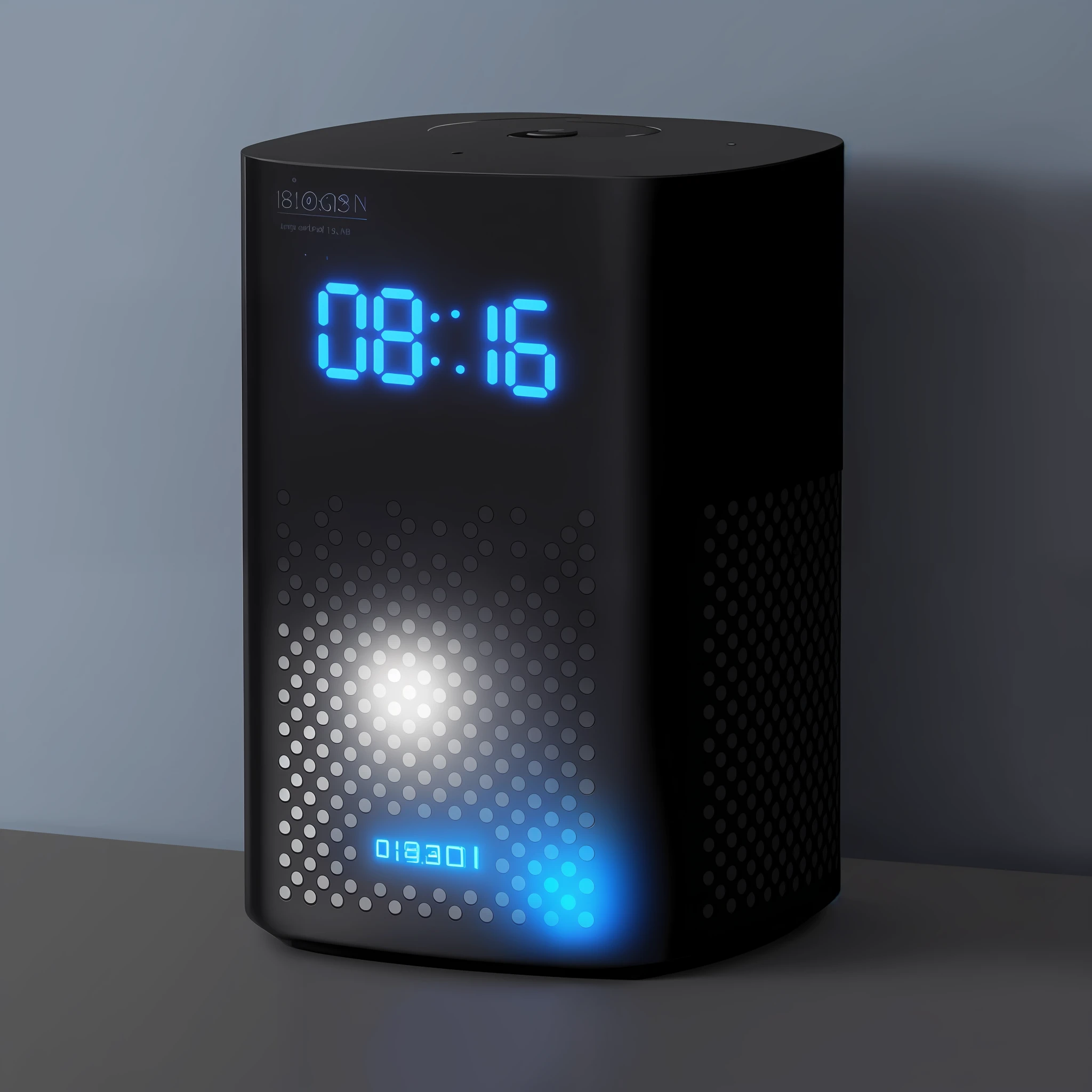 Black alarm clock with blue display on front, desk, sunlight, light and shadow on wall, product rendering, 8 k - n 9, 40mp, - n 9, -n9