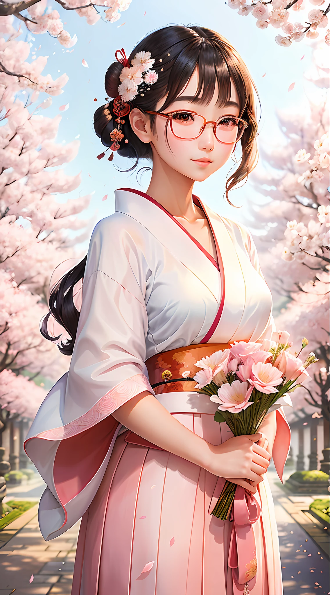 Japanese girl student, ((best quality extremely detailed)) Japanese girl beautiful student, Japanese student woman, beautiful attractive student, charming fairy, sweet young woman (sweet look), beautiful face, goddess araffe in kimono school clothes, white T-shirt with neckline, medium breasts, short hair, fleshy lips, wearing glasses, 30 years old holding a bouquet of flowers in her hands, a beautiful art illustration, portrait ((very well detailed texture)) of a beautiful student, portrait of young student, inspired by Itō Shinsui, beautiful digital artwork, girl beauty, mulan portrait, portrait of a cute charming maiden, standing holding a bouquet under cherry trees raining petals (well detailed angelic scenery), Japanese goddess, Japanese girl, Japanese woman.
