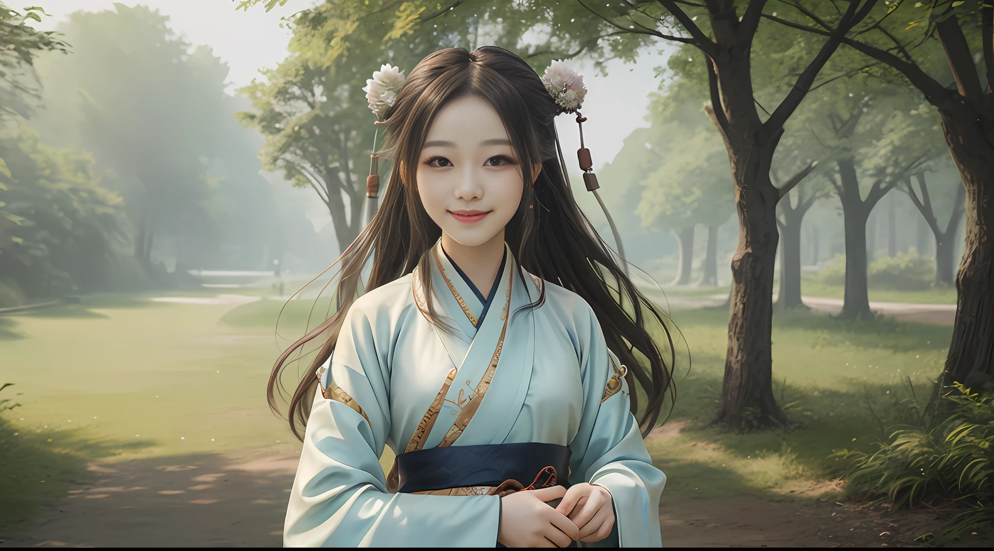 1 girl, outdoor, hanfu, nature gesture, smile, masterpiece, masterpiece, 8K, HD wallpaper,