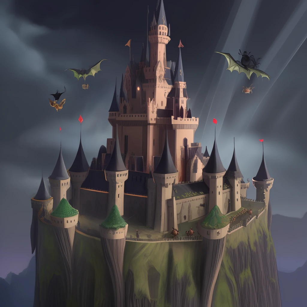 dark castle, ants as knights, dragon flying
