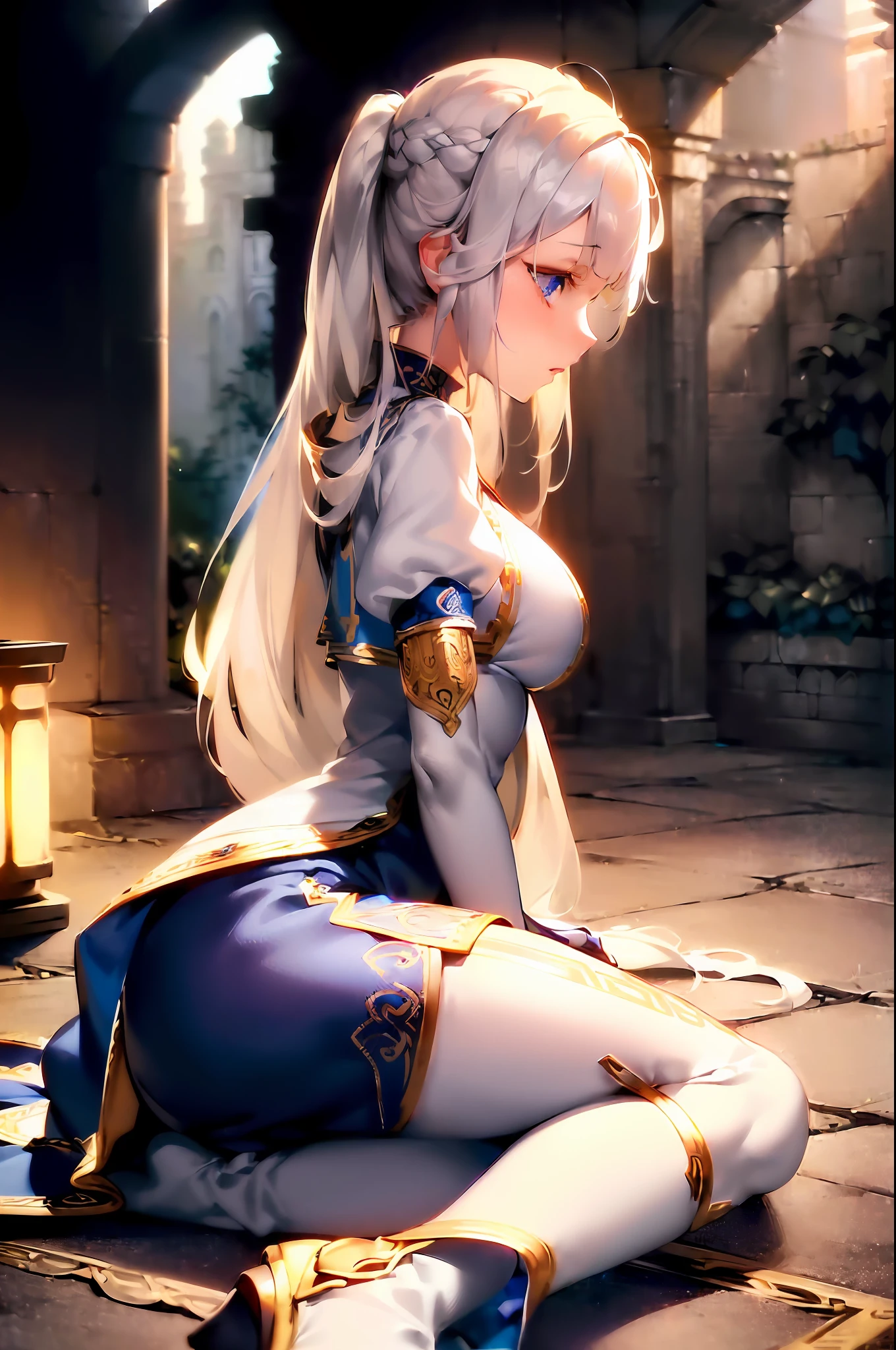 1 girl, mature, petite, ((blue eyes)), knee long hair, tight white boots, ((priestess)), ((masterpiece, top quality, best quality, official art, beautiful and aesthetic:1.2), extreme detailed, colorful, highest detailed ((ultra-detailed)), (highly detailed CG illustration), ((an extremely delicate and beautiful)), cinematic light, side view, garden, head down, sitting, shocked