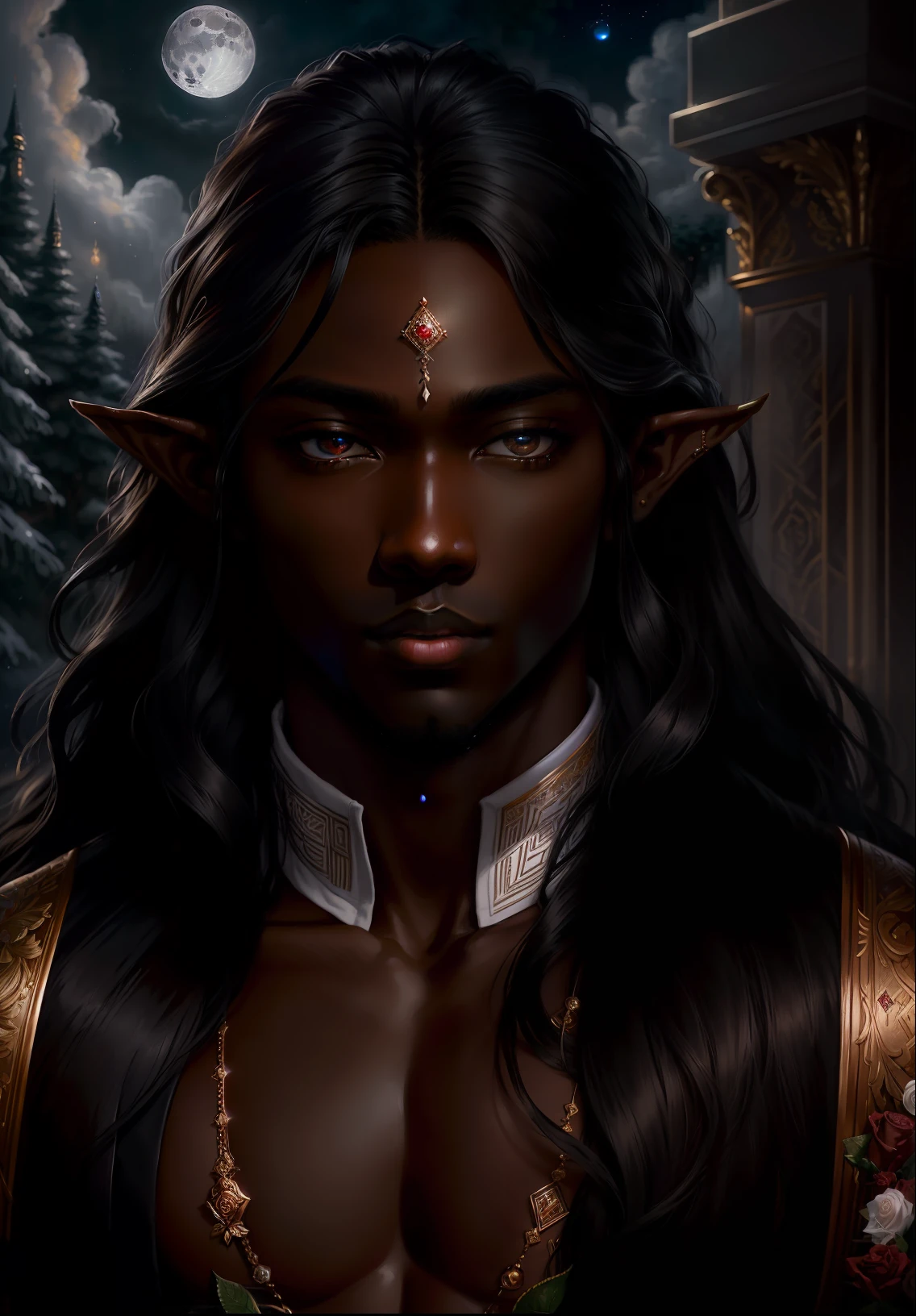 masterpiece, highest quality, (solo focus), (perfect face:1.1), (high detail:1.1), (hyper detailed eyes), dramatic, 1guy, (Dark skin), long black hair, individual focus, Elf, ethereal eyes, long hair, moon, night, white luxury suit, pouty lips, castle, detailed background, art by artgerm, cinematic lighting, roses, fashion