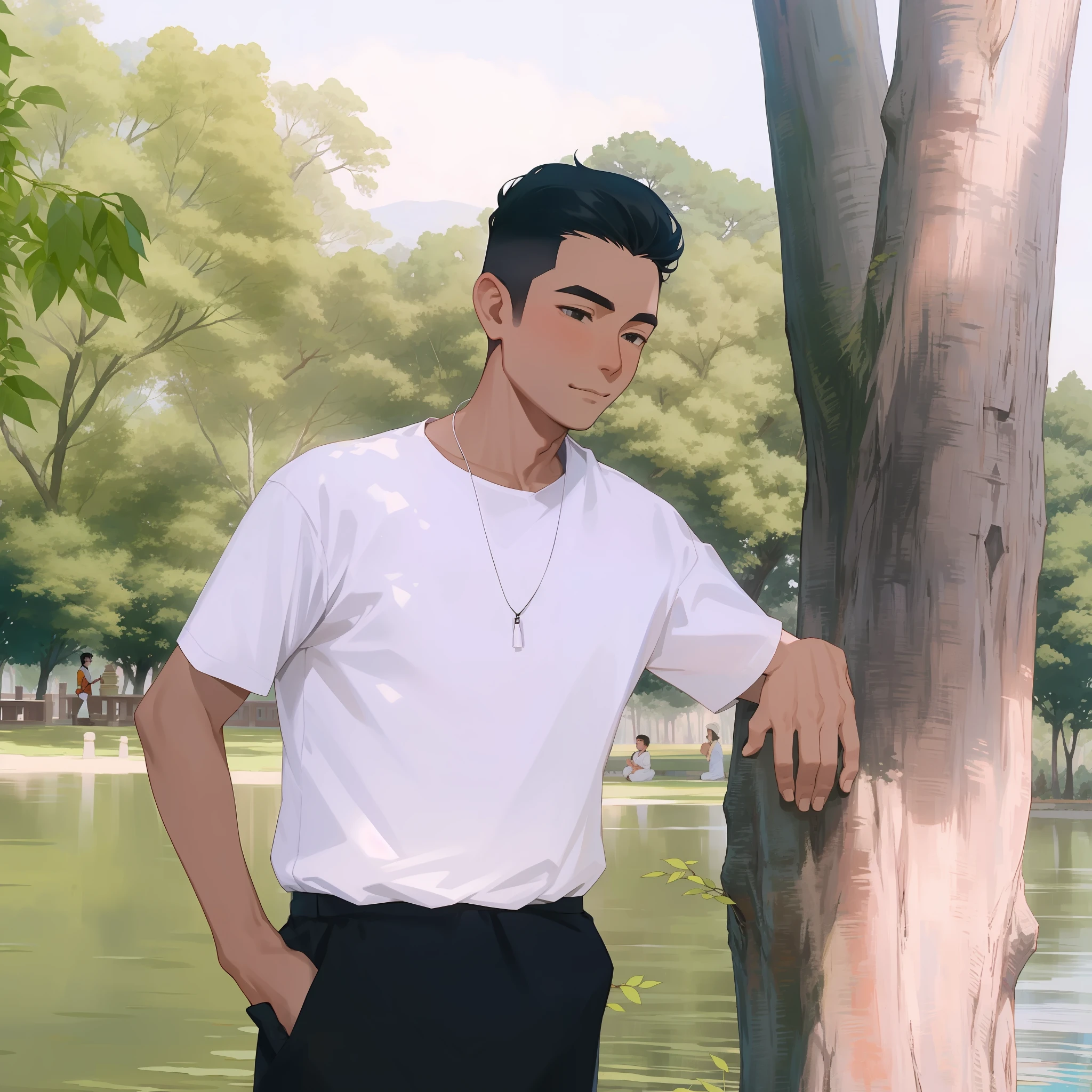 arafed man leaning against a tree in a park near a lake, thawan duchanee, with a tree in the background, nivanh chanthara, in front of a forest background, with a park in the background, in style of lam manh, dang my linh, bao pham, hoang long ly, damien tran