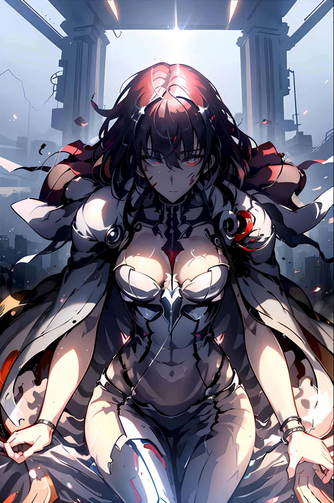 ((masterpiece)), (((best quality))), ((ultra detail)), ((illustration)), reflection, sharp focus, front lighting, intense shadows, realistic (beautiful detailed eyes), eyelashes, extremely tender and beautiful girl, ((red eye)), silver hair, jacket, trousers, long hair, with a katana, navel, medium breasts, shiny skin, cinematic lighting mask, beam tracing, depth of field, dynamic angle, looking at the viewer, (((best building))), (blood on face)
