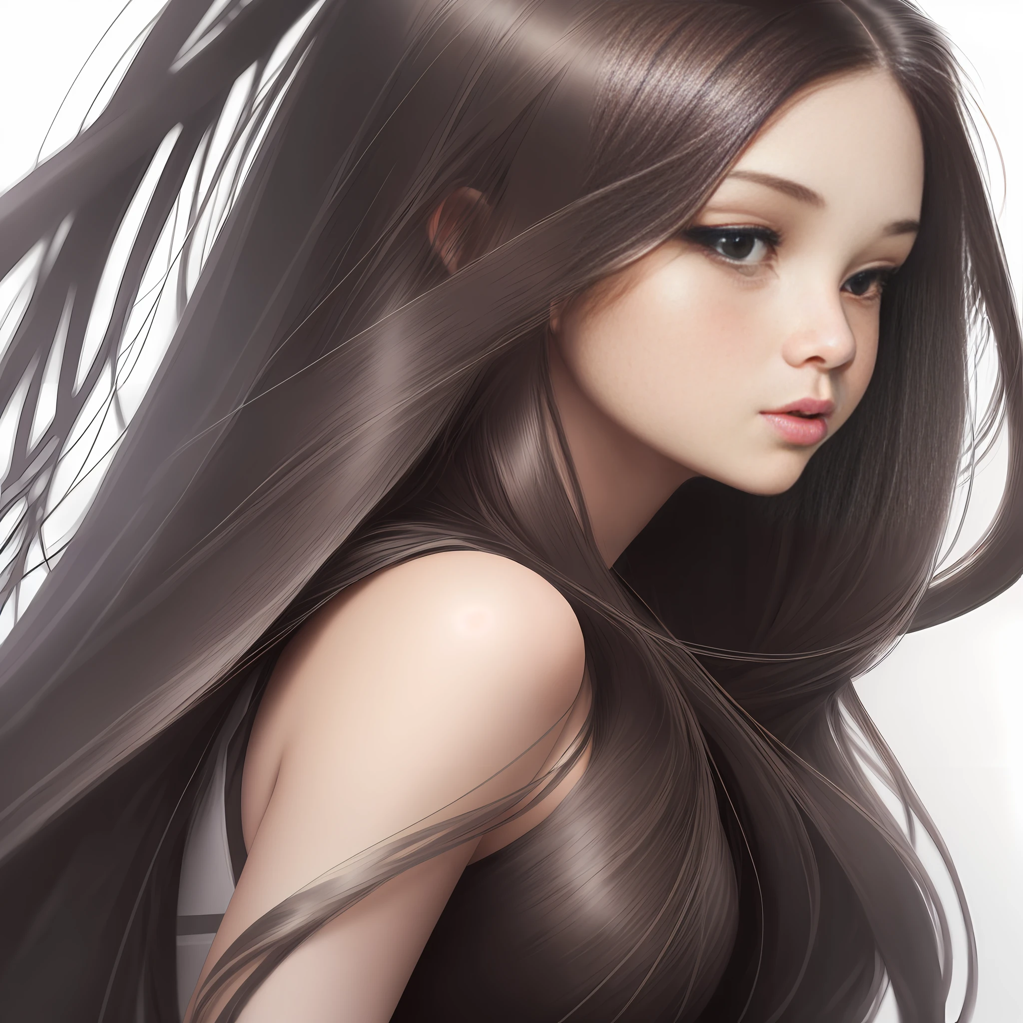 Masterpiece, sketch, carbon strip, line outline, pretty girl, close-up of the head, fine, long hair, long hair flowing, white background, no color,