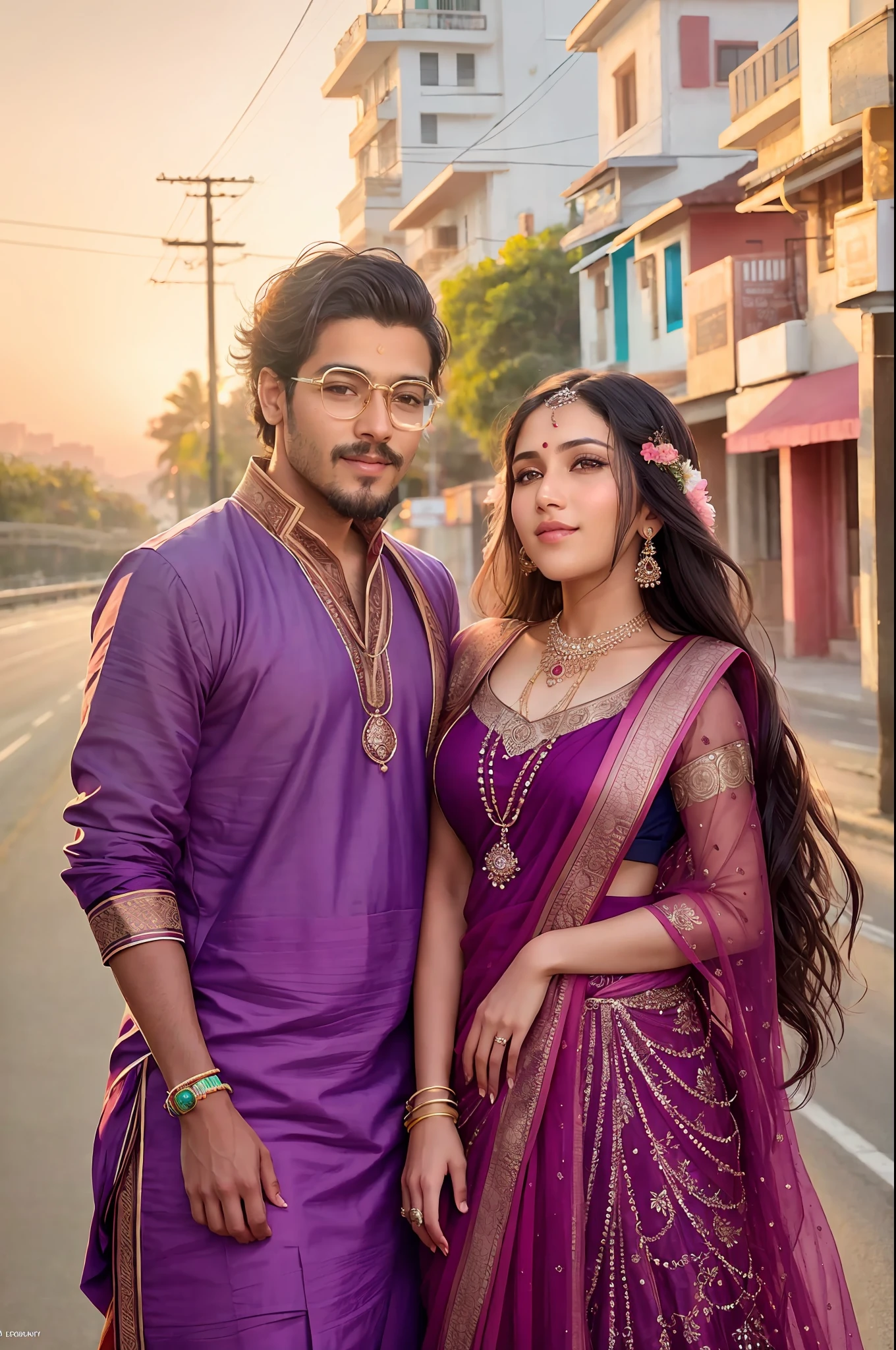 realistic portrait of cute man and woman embracing, indian, couple, current fashion, sunset background on a road close-up, product view, detailed facial details, perfect face, trend art, sharp facial details, cgsociety, ultra-quality digital art, hyper-exquisite details, 4k, 8k soft lighting, dreamy, fashion, engine rendering unreal -