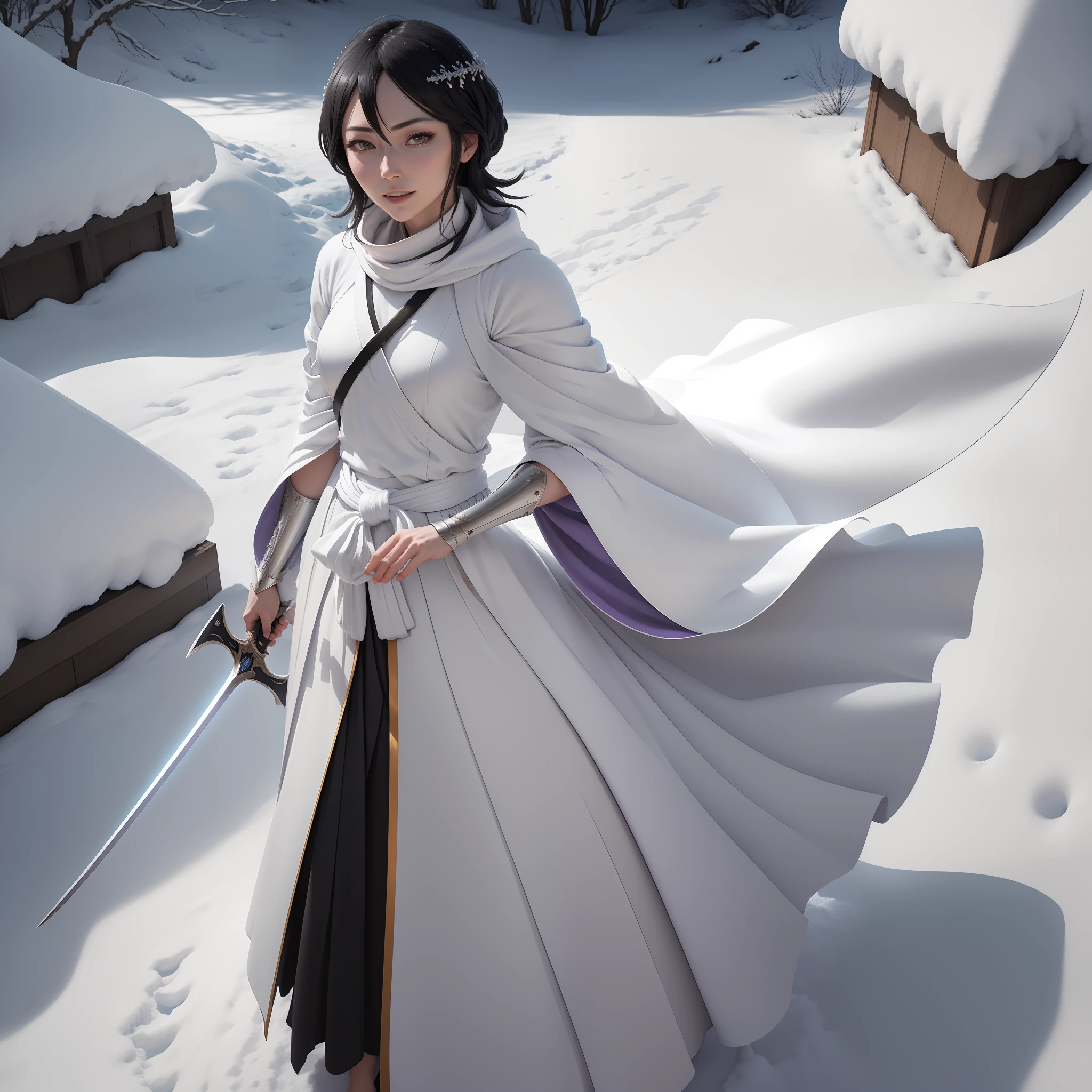 (8k ultra realistic), 1Girl with sword and white dress standing in the snow, (Rukia Kuchiki - Bankai mode - Sode no Shirayuki), solo, full body white robe, snow aura around, snow goddess, white haired deity, long hair, straight hair, hajime yatate, smile, big purple choir eyes, very long white robe, ((wearing aristocratic robe)),  flowing white robes, minimalist details of snow, battlefield.