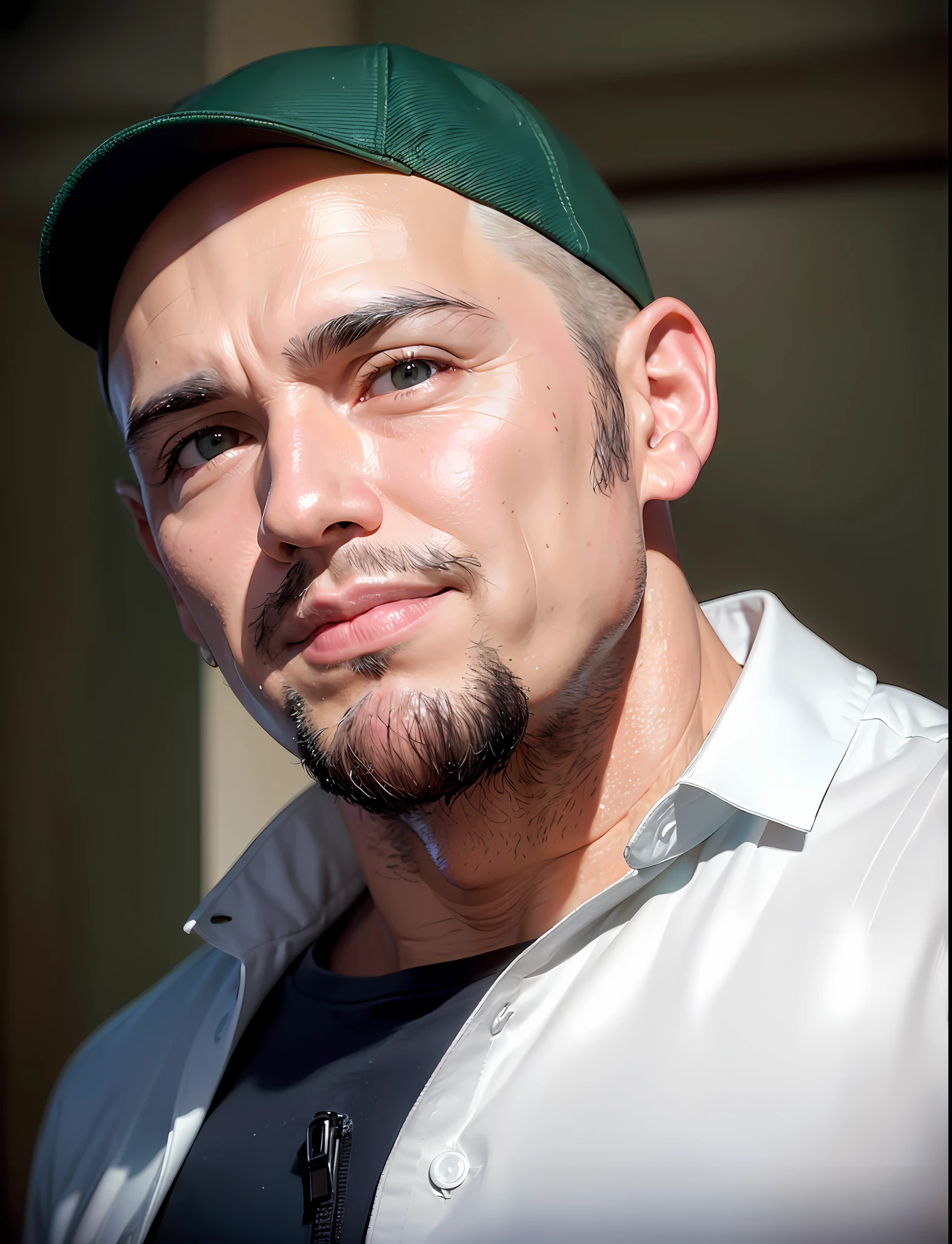 Best quality, realistic, award-winning illustration, (complicated detail: 1.2), (fine detail), (complicated detail), (cinematic lights, best quality), sharp lines, sharp focus, official art, 16k, on a white background, (A man with a smiling face: 1.3), a playful young boss, there is a man with bald head without beard, (bald short-bearded: 1.3), bald head and smiling look, without beard, about 35 years, (38 years), men of 45 years, without completely bald hair, (short goatee: 1.3), (face with fine details of wrinkles: 1.2), (details of the aged face: 1.2), (without beard: 1.3), (normal body without muscles: 1.3) (without muscles: 1.3), pronounced male characteristic, flirting with the camera. wearing black apron uniform with green, wearing cap, black cap and green details, wearing jeans, man posing for a photo, holding a huge can of creamy dulce de leche, dulce de leche pouring, splattering dulce de leche, explosion dulce de leche, all-white background, headshot profile picture, posing for a photo.