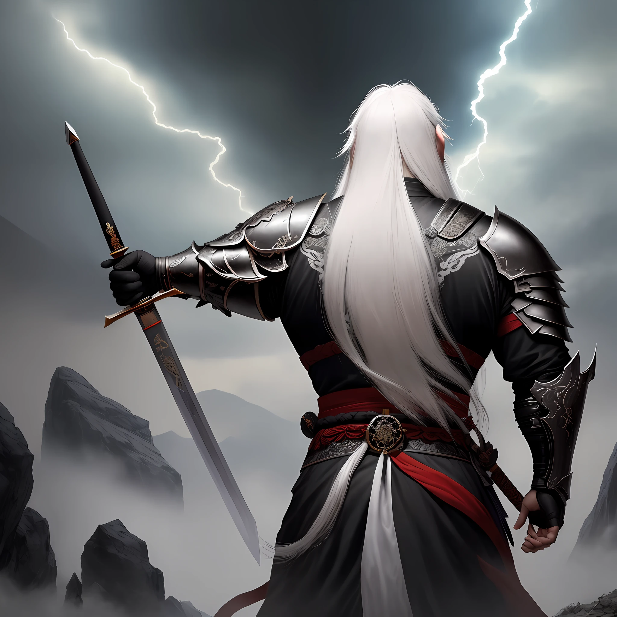 Ancient Chinese style, thunder in the sky, huge swords, the back of a man with long white hair in black armor