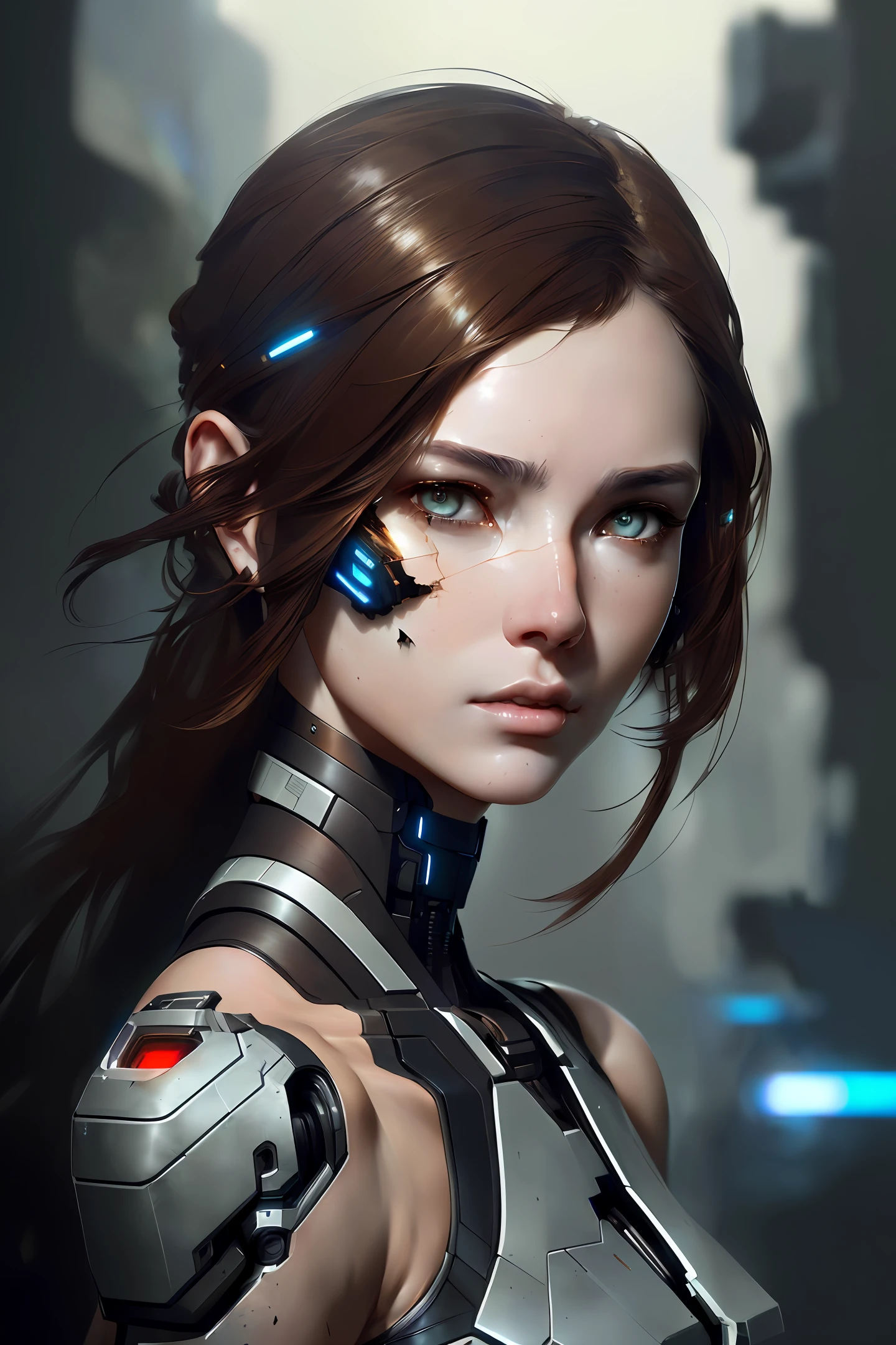 8k portrait of beautiful cyborg with brown hair, intricate, elegant, highly detailed, majestic, digital photography, art by artgerm and ruan jia and greg rutkowski surreal painting, broken glass, (masterpiece, sidelighting, finely detailed beautiful eyes: 1.2), hdr,