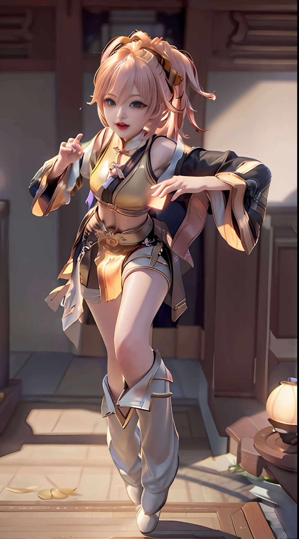 A girl, ponytail, bangs, medium breasts, martial arts, glory of kings, (Chest leak: 1.1), Open legs, Open mouth, Best quality, Look at the audience, Perfect eyes, Chinese style, (Best quality, Masterpiece: 1.1), (Realism: 1.4), Best quality, Masterpiece, Full body, (Best quality, Ultra detail), (Best Lighting, Best Shadow, Extremely Delicate and Beautiful), Dynamic Angle, Depth of Field, (Bloom), (Shine), (Solo), Light, Best, Cinematic Angle, Cute, (Light Laugh: 0.6), Very Long Hair, (((Detailed Eyes))), Looking at the Audience, Lori, Ji Xiaoman, Black Shoes, Perfect Hands,