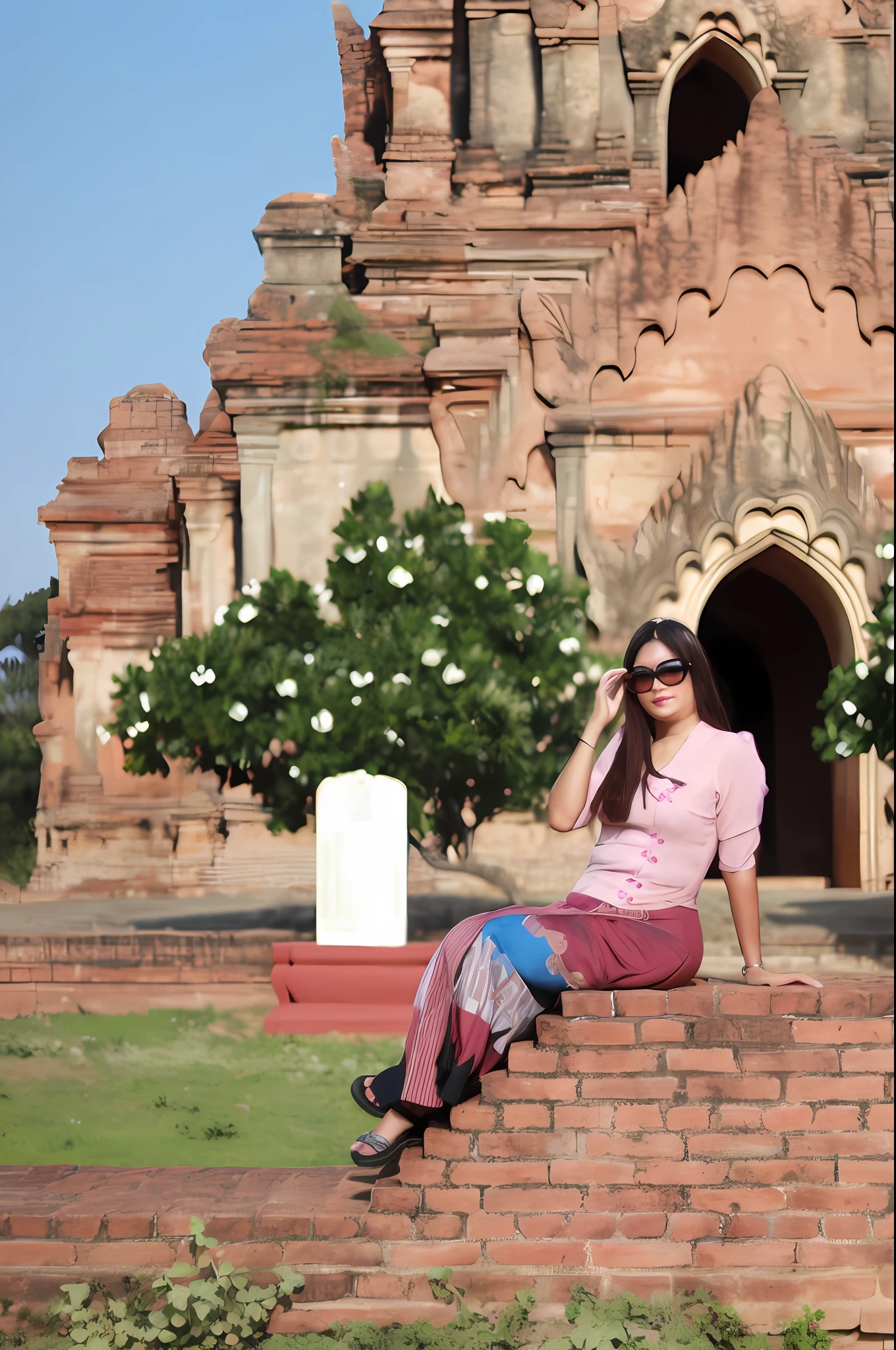 pretty woman dress posing for photo,  
Behind the scenes is the backlight, highest quality, realistic, maximum clarity, very fine detail, 8k, high quality, high quality, and more, taken by canon 5dmark4, face detailed, background is acient bagan myanmar