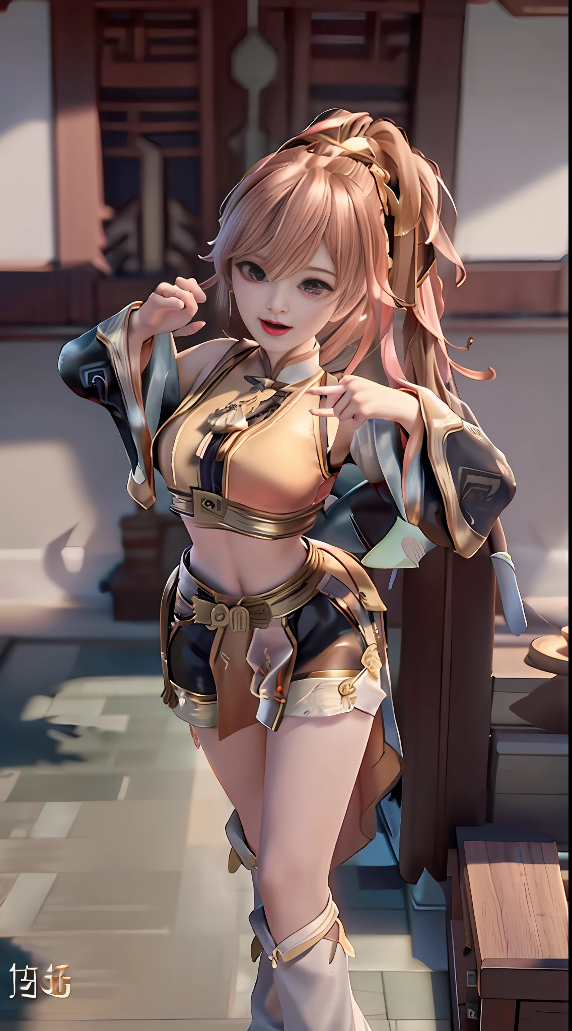 A girl, ponytail, bangs, medium breasts, martial arts, glory of kings, (Chest leak: 1.1), Open legs, Open mouth, Best quality, Look at the audience, Perfect eyes, Chinese style, (Best quality, Masterpiece: 1.1), (Realism: 1.4), Best quality, Masterpiece, Full body, (Best quality, Ultra detail), (Best Lighting, Best Shadow, Extremely Delicate and Beautiful), Dynamic Angle, Depth of Field, (Bloom), (Shine), (Solo), Light, Best, Cinematic Angle, Cute, (Light Laugh: 0.6), Very Long Hair, (((Detailed Eyes))), Looking at the Audience, Lori, Ji Xiaoman, Black Shoes, Perfect Hands,