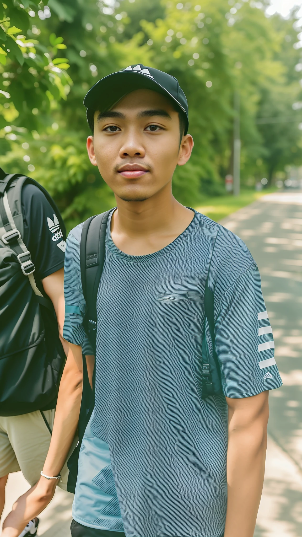 there is a man that is standing on a sidewalk with a backpack, wearing adidas short, thawan duchanee, nivanh chanthara, around 1 , 1 6 years oldt asian with round face, 18 years old, 2 3 years old, with accu2 2 years old, young boy, 2 4 - yea