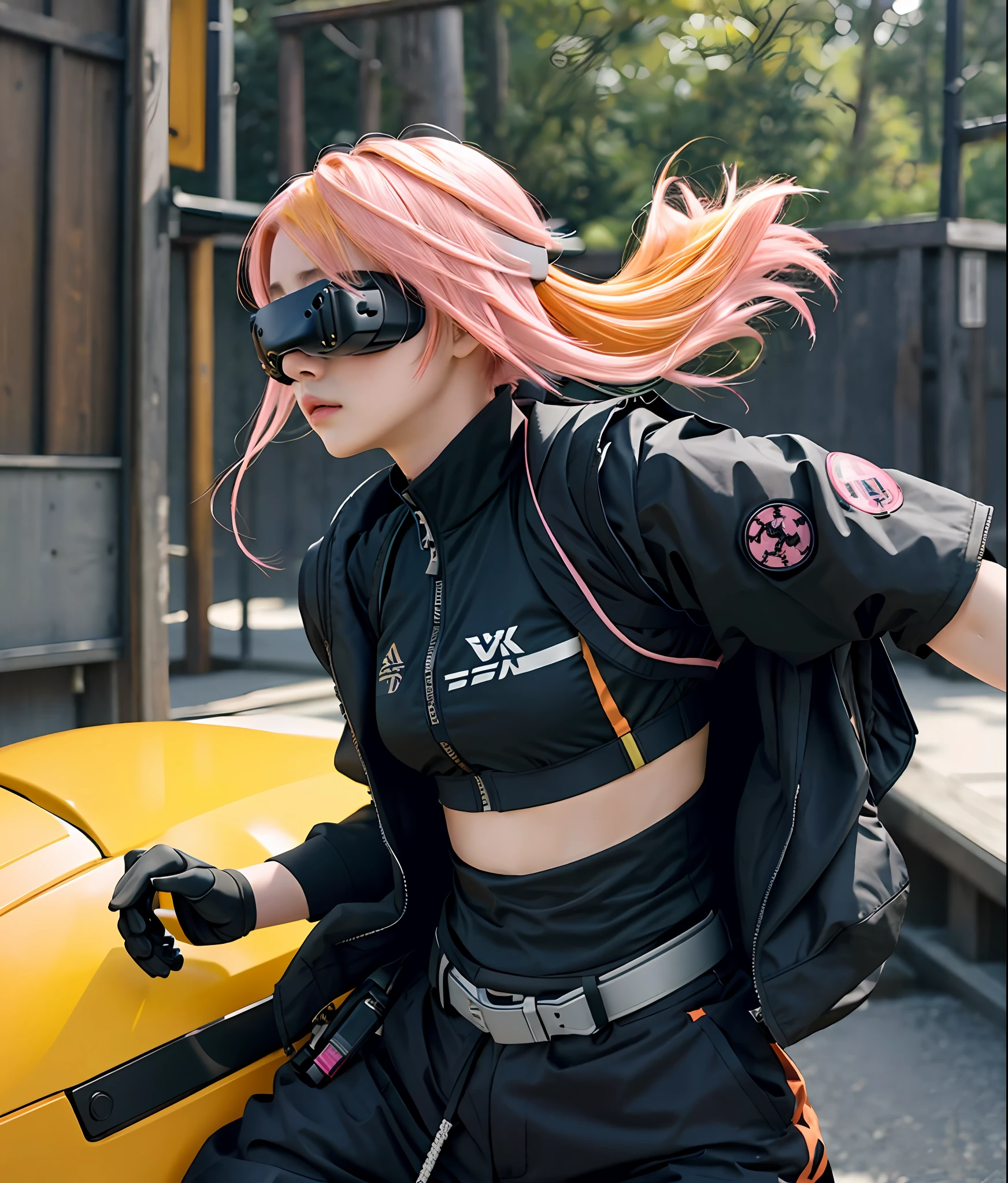 Close up face, half body, 18 year old girl, wearing Tank-top samurai girl, crop top, tech wear jacket, tactical baggy pant, backpack, katana, samurais, 1 girl, solo, half body view, perfect face, yellow hair, pink hair, vr headset, Vr samurai, vr glasses, white and orange techwear, vest, techwear japan, hyper realistic, film grain