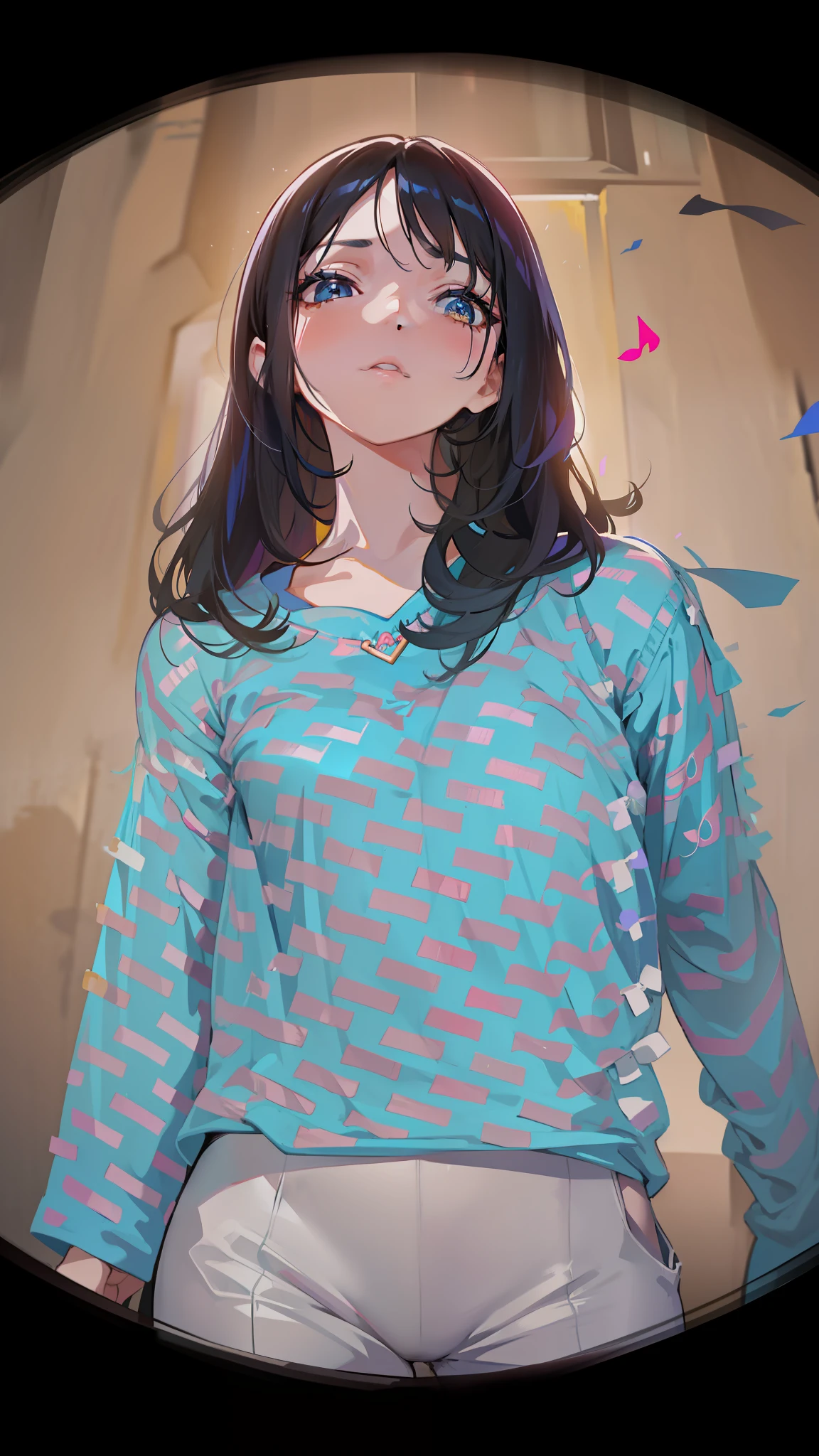 arafed woman with long black hair wearing a blue and pink shirt, sleepwear, wearing a designer top, music video, wearing pajamas, wearing a baggy pajamas, leaked image, blue tunic, inspired by Jean-Étienne Liotard, youtube video screenshot, smooth in _ the background, blue sweater, still from a music video, leaked footage