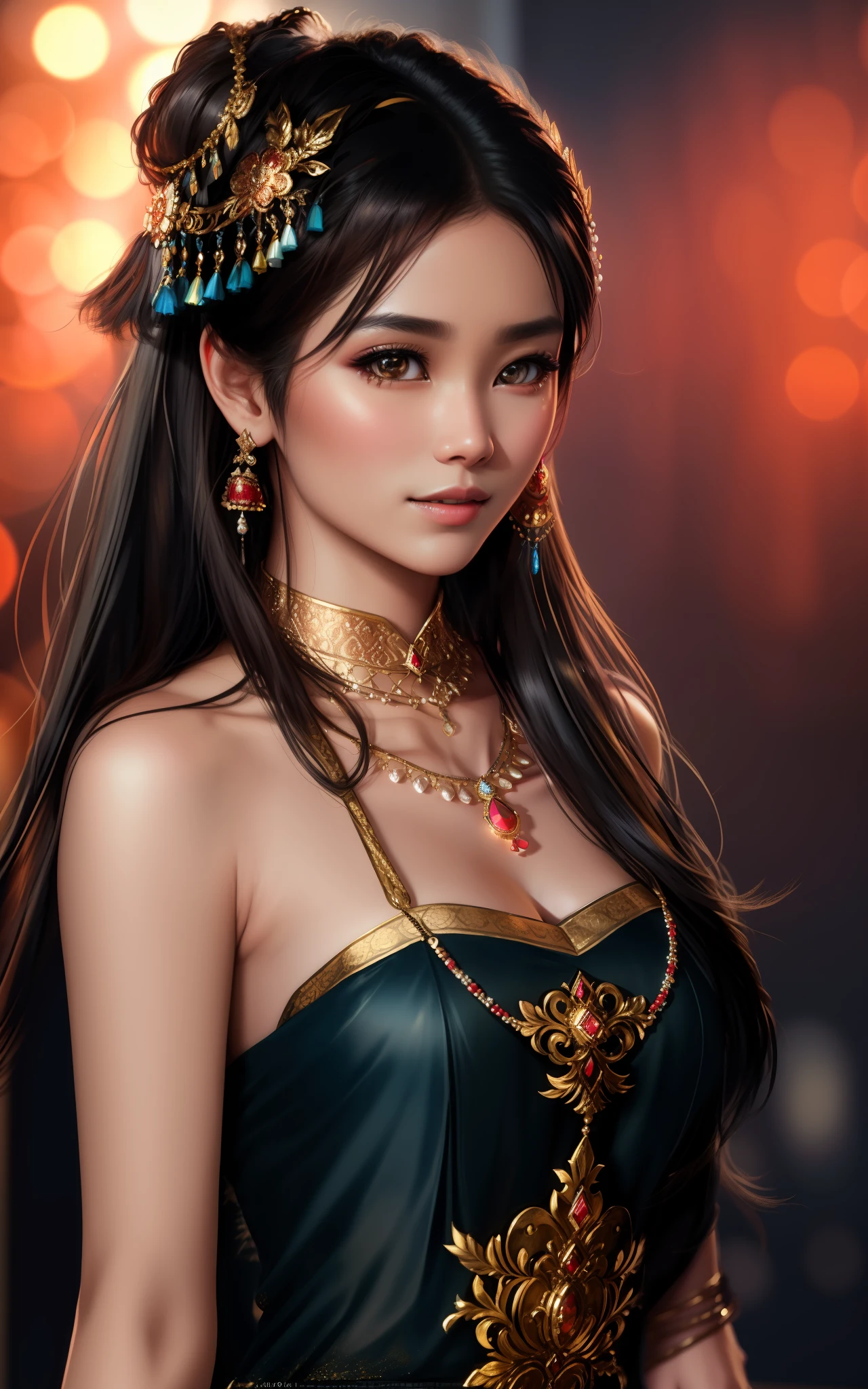 best quality, masterpiece, highres, 1girl,Myanmar (Burmese) dress,hair ornament,necklace, jewelry,Beautiful face, perfect_body, tyndall effect,photorealistic, dark studio, rim lighting, two tone lighting,(high detailed skin:1.2), 8k uhd, dslr, soft lighting, high quality, volumetric lighting, candid, Photograph, high resolution, 4k, 8k, Bokeh