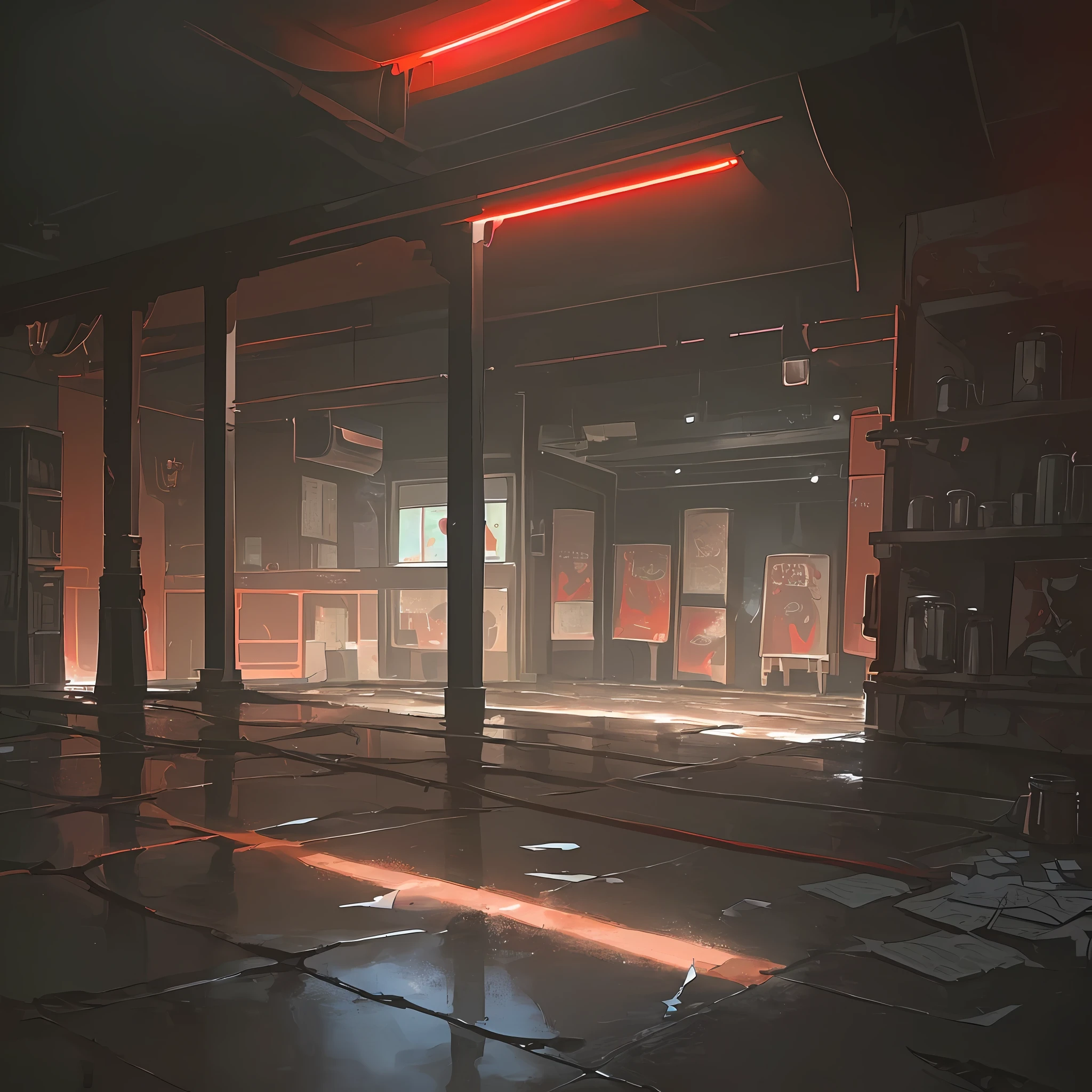(best resolution),(masterpiece), (best shading),(huge detail),a very white van with the lights on in a parking lot, wet floor reflects the light, by the stage (dirt on the floor, some old torn papers, rusty cans, rusty shelves (with plastic containers, pots and tattered books), old posters broken on the walls, cracks in the walls,  gray pipes on the walls, very bright red neon lamp, some cables pulled by the room, ((very dark night lighting)), ((shadows with a lot of contrast)), dark bluish image
