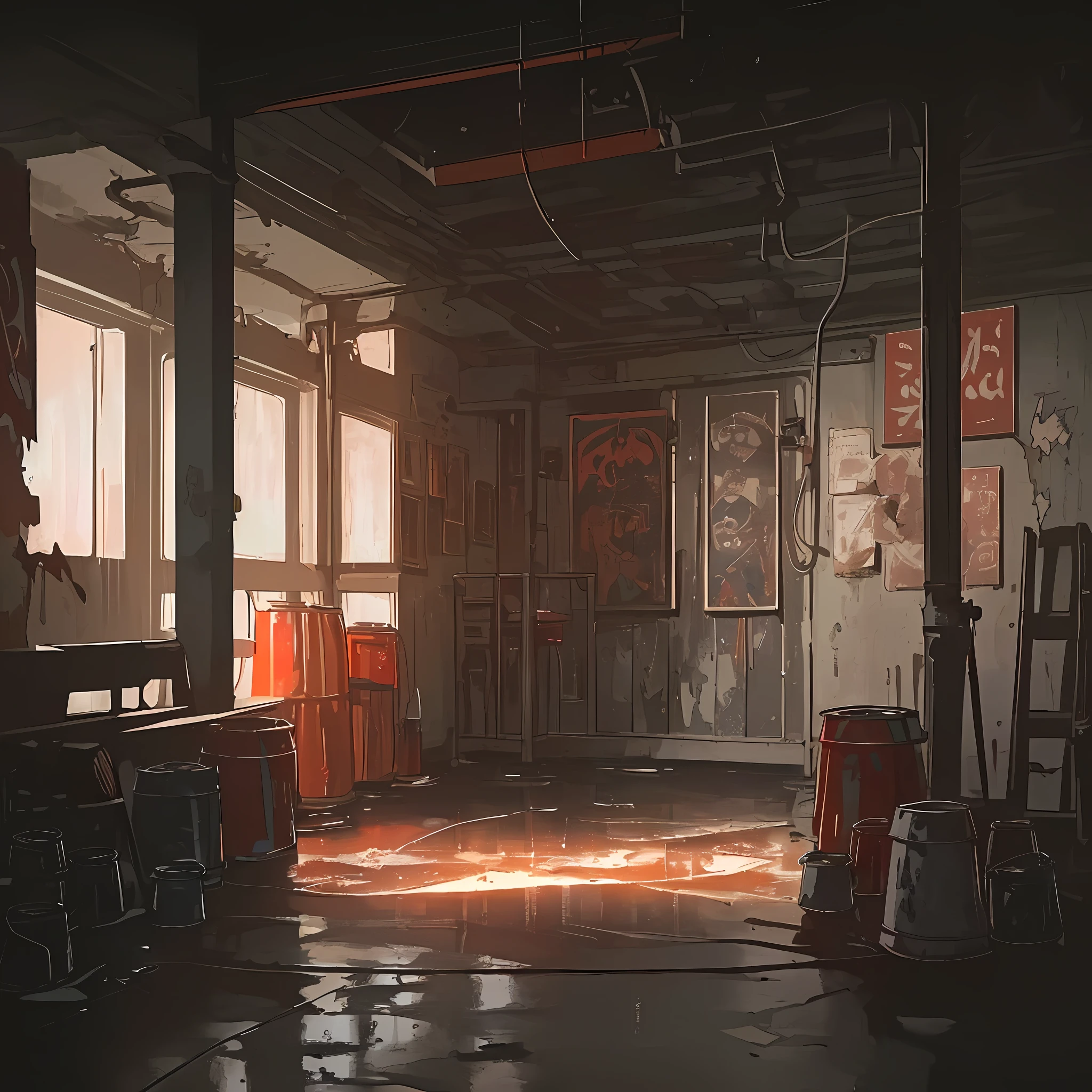 (best resolution),(masterpiece), (best shading),(huge detail),a very white van with the lights on in a parking lot, wet floor reflects the light, by the stage (dirt on the floor, some old torn papers, rusty cans, rusty shelves (with plastic containers, pots and tattered books), old posters broken on the walls, cracks in the walls, gray pipes on the walls, very bright red neon lamp, some cables pulled by the room, ((very dark night lighting)), ((shadows with a lot of contrast)), dark bluish image