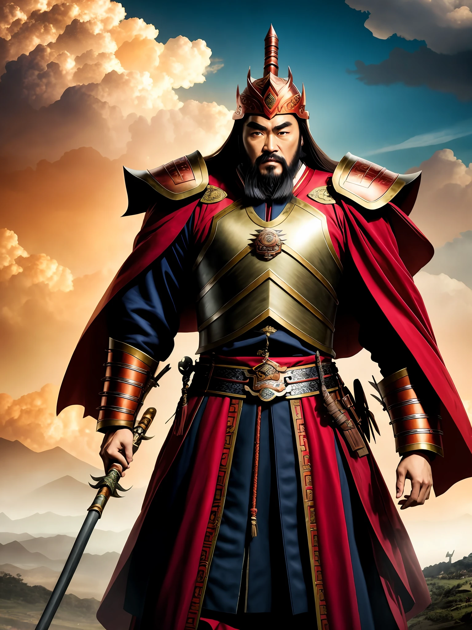 (Very detailed 8k wallpaper), Zhang Fei wearing copper armor, tall, ten-headed body, red cape, broad shoulders, spear, dark clouds on the background, fierce wind, intricate, high detail, dramatic