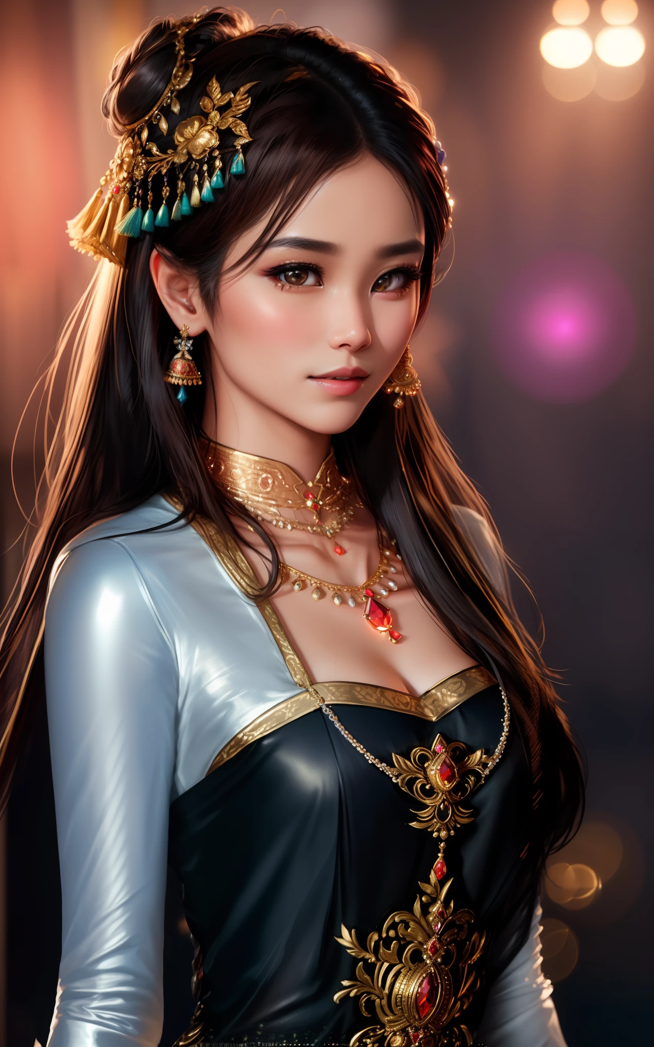 best quality, masterpiece, highres, 1girl,Myanmar (Burmese) dress,hair ornament,necklace, jewelry,Beautiful face, perfect_body, tyndall effect,photorealistic, dark studio, rim lighting, two tone lighting,(high detailed skin:1.2), 8k uhd, dslr, soft lighting, high quality, volumetric lighting, candid, Photograph, high resolution, 4k, 8k, Bokeh