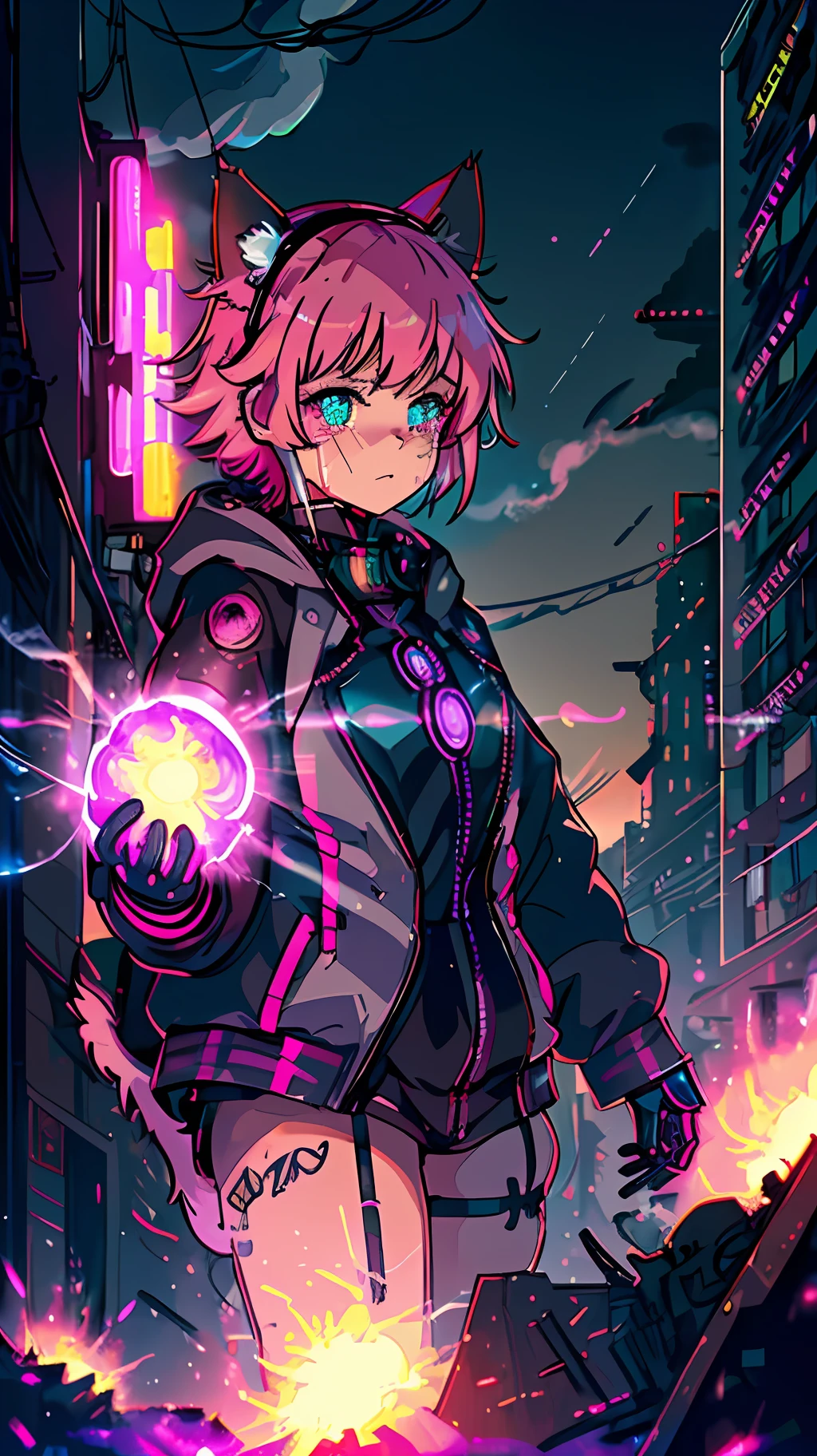 ((8K quality, cinematic level, clear to every strand)), (sad, cyberpunk cat lady, mechanical body, short pink hair, crying), (background flame, exploding sky, disaster), (top-to-bottom shot), (+bad weather, cyberpunk, neon, smoke, red apricot fairy peach), [black suit, headband, long ears, eyeliner, long-sleeved gloves, pink aperture pupils, full of tattoos], [(rivets, purple smoke, retro, mecha, sparkle), burst, energy flow]