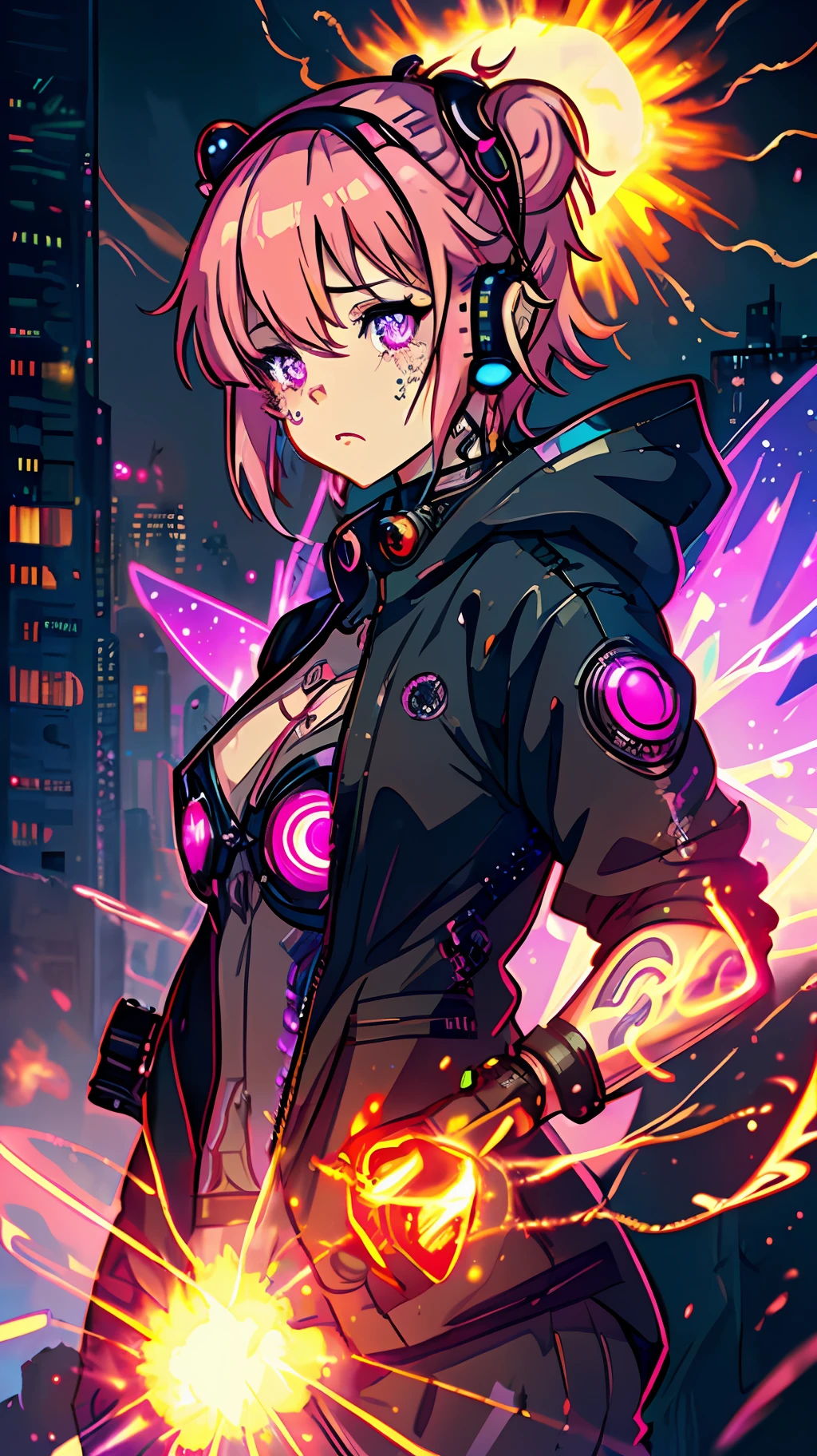 ((8K quality, cinematic level, clear to every strand)), (sad, cyberpunk cat lady, mechanical body, short pink hair, crying), (background flame, exploding sky, disaster), (top-to-bottom shot), (+bad weather, cyberpunk, neon, smoke, red apricot fairy peach), [black suit, headband, long ears, eyeliner, long-sleeved gloves, pink aperture pupils, full of tattoos], [(rivets, purple smoke, retro, mecha, sparkle), burst, energy flow]