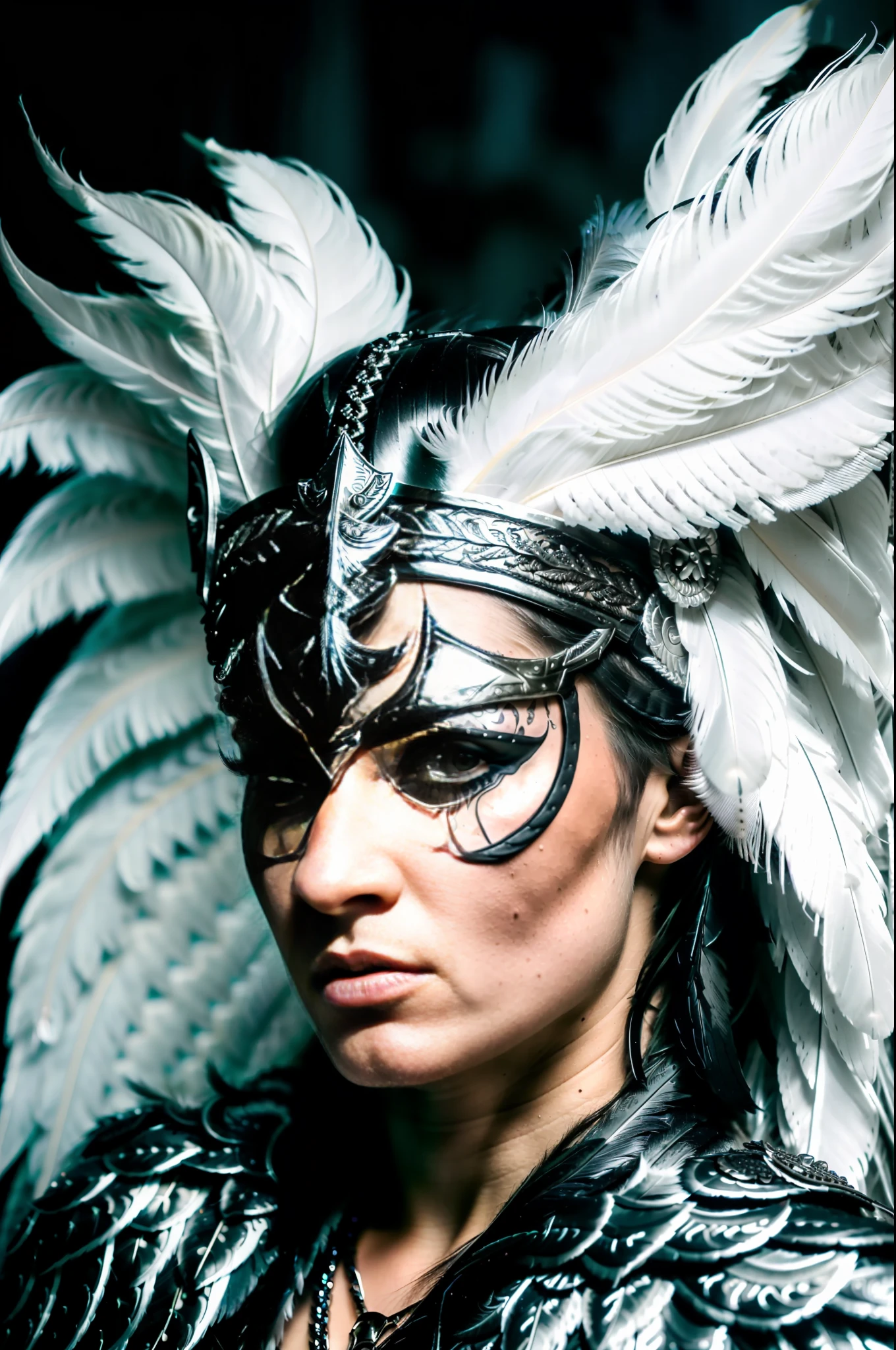 dark moody RAW photo of an angry Norwegian, beautiful face, (Valkyrie, highly detailed face:1.3), (silver headband, intricate, highly detailed:1.2), (cape of white feathers, highly detailed:1.3), (background hell, brimstone:1.4), 8k uhd, dslr, soft lighting, high quality, film grain, Fujifilm XT3 in the style of Tomasz Alen Kopera, 1/4 profile