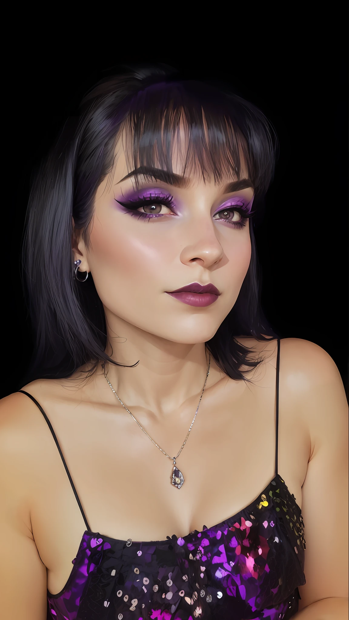arafed woman with a purple and black dress and a necklace, sultry look, wearing goth makeup, sexy face with full makeup, with professional makeup, dark makeup, purple makeup, dark hair and makeup, fantasy inspired, goth makeup, headshot profile picture, gothic makeup, in professional makeup, 90s make-up, violet and black, dark eyeshadow