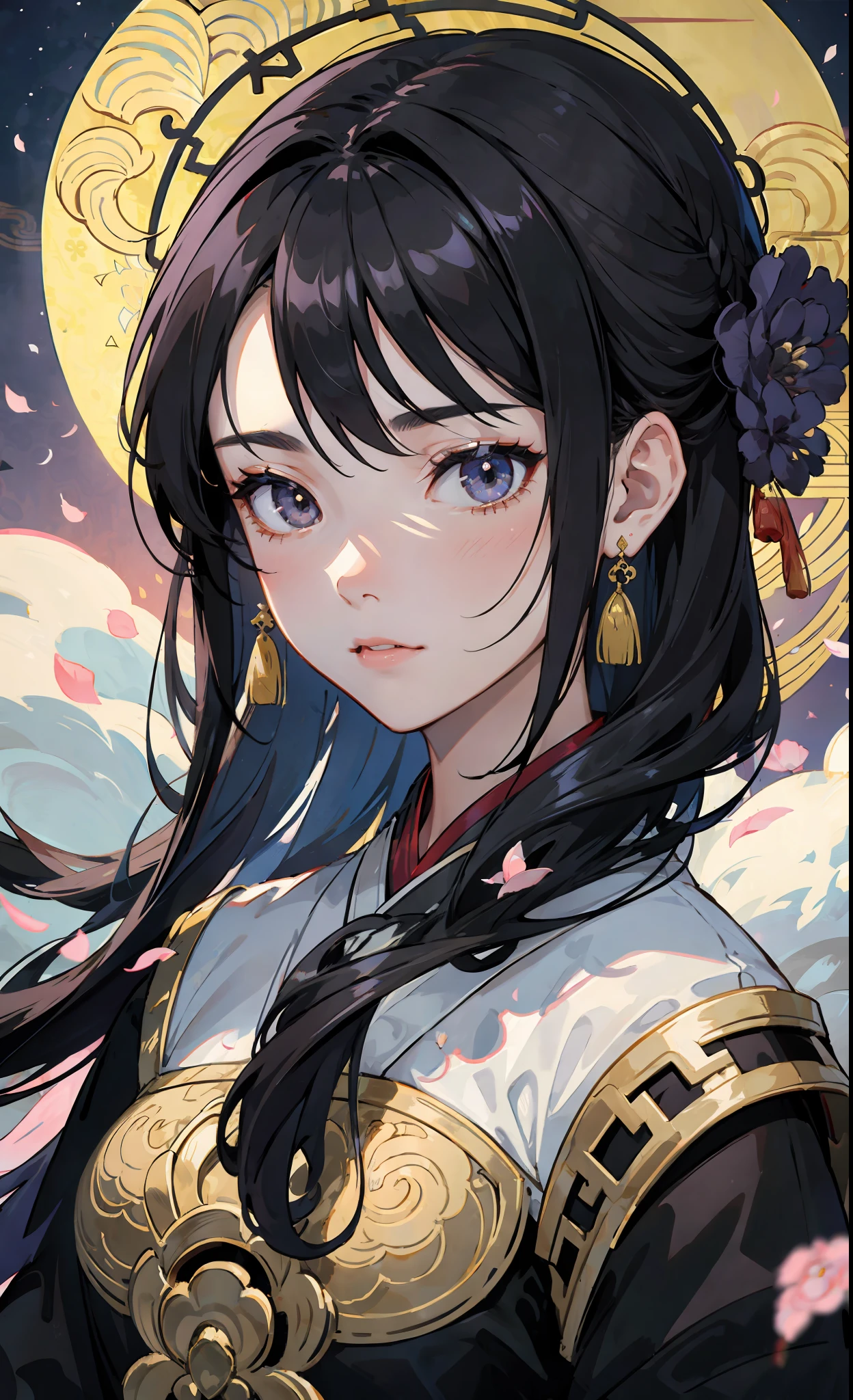 Official Art Illustration, Girl, Black Eyes, Black Hair Color, Floating Hair, Hairpin, Delicate Eyes, Intricate Hanfu, Gorgeous Accessories, Intricate Filigree, Wearing Earrings, FOV, F/1.8, Masterpiece, Background with Ancient Chinese Style Architecture, Night, Petals Flying, Frontal Perspective, Chang'e, Side Light, Moonlight Shining on People, 8K, Hazy