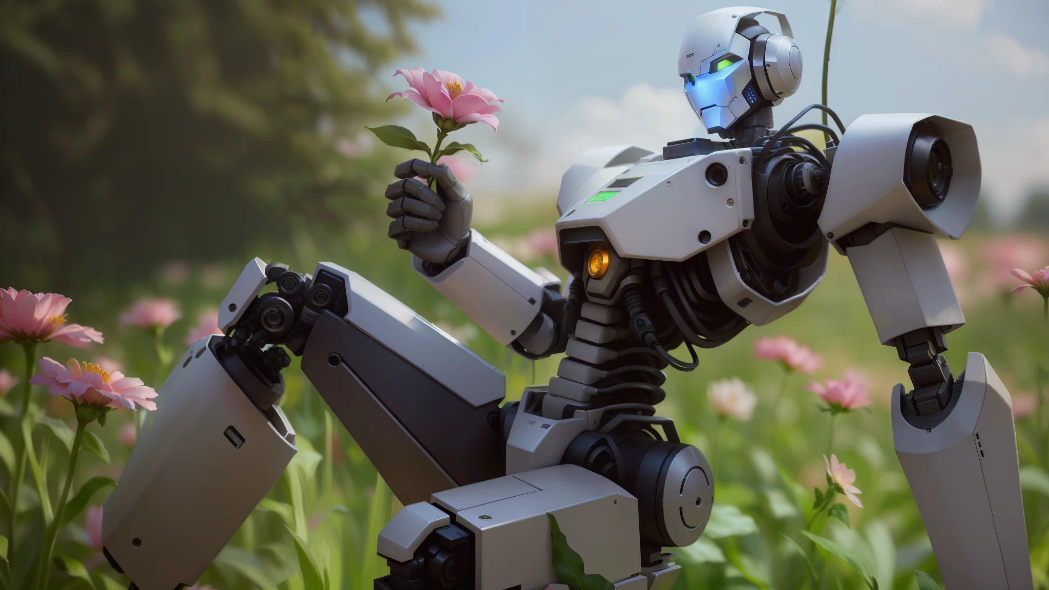 A robot holding a flower