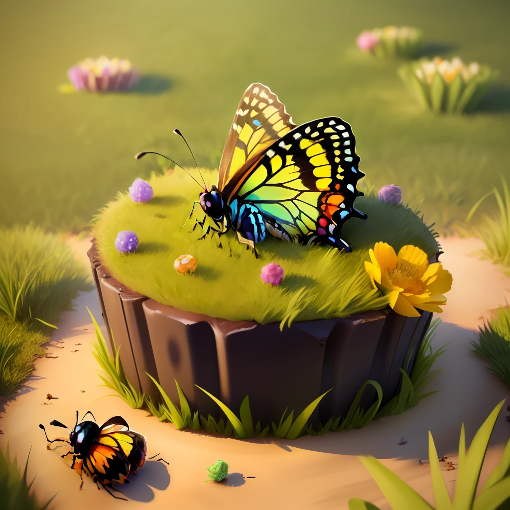 Realistic. Cupcake-shaped anthill, with green grass at the top. Small sweets scattered in the grass. On the edge sits a butterfly. Around a running ant