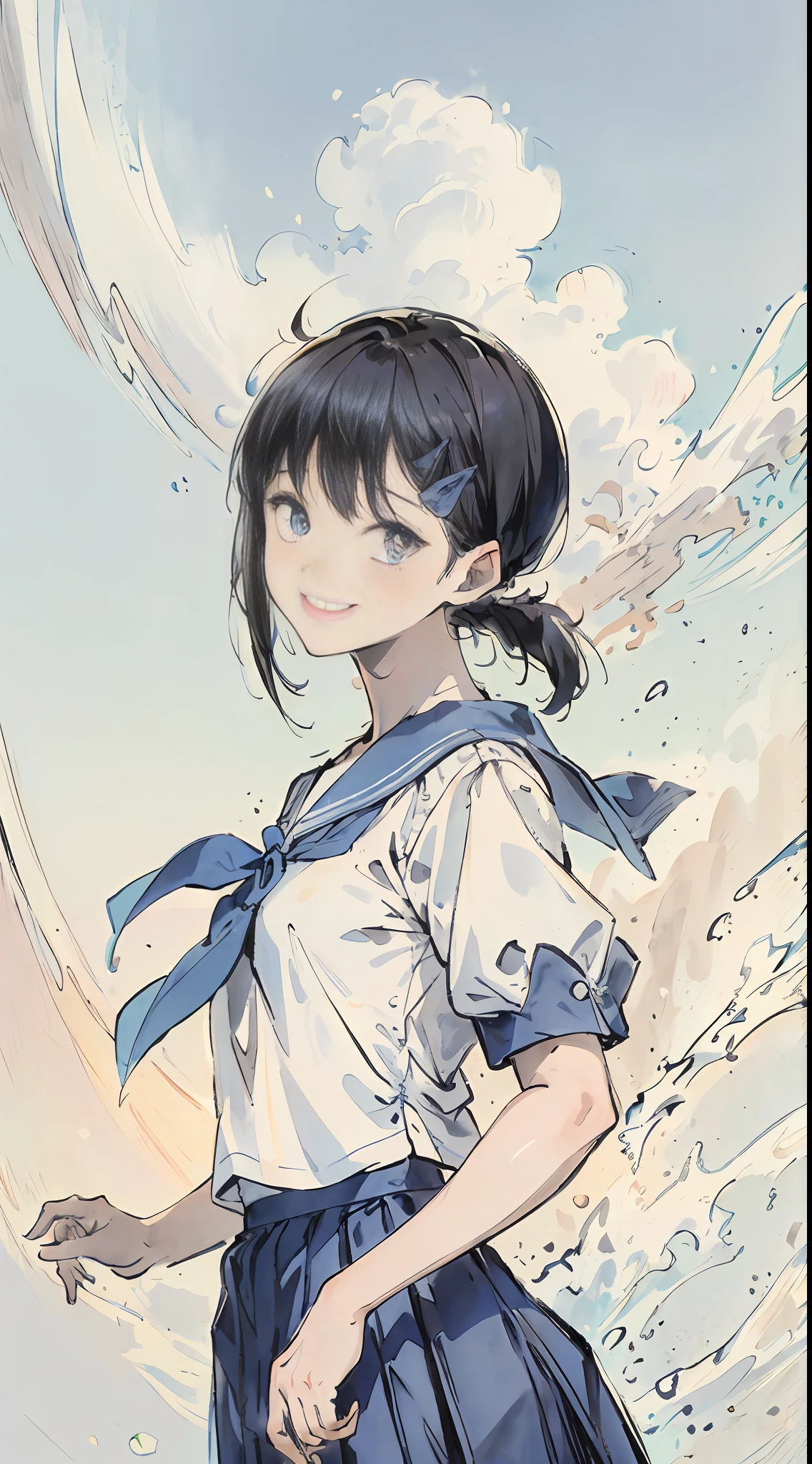 masterpiece, best quality, highres, ym1, blue sailor collar, blue skirt, short sleeves, white shirt, white socks, serafuku, pleated skirt, school uniform, blue neckerchief, smile, from side,