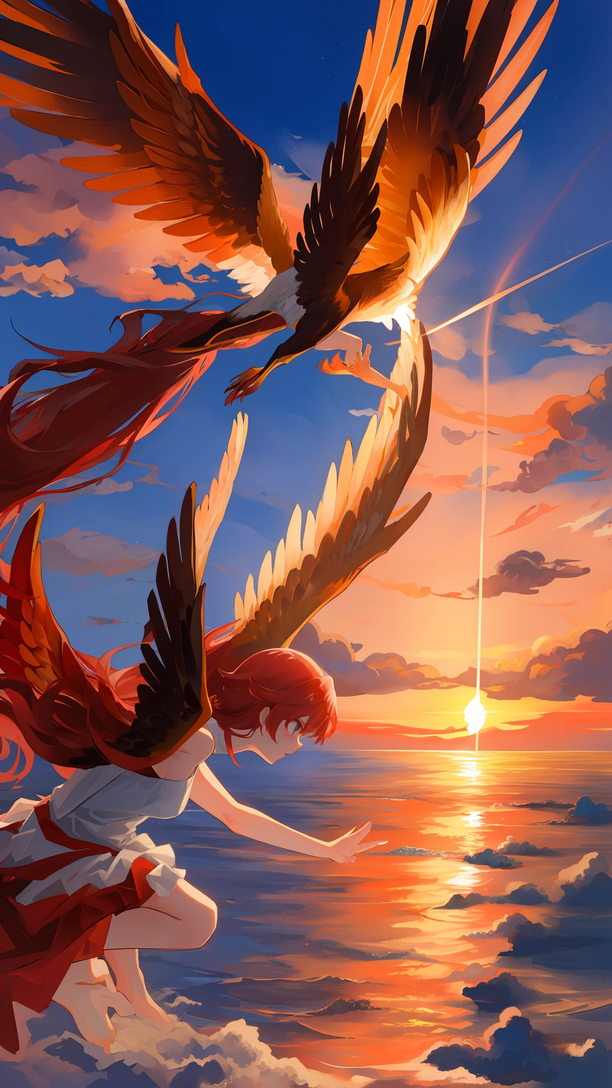 fire bird stretching out wings like an angel flying at the centre, sunset, ocean background