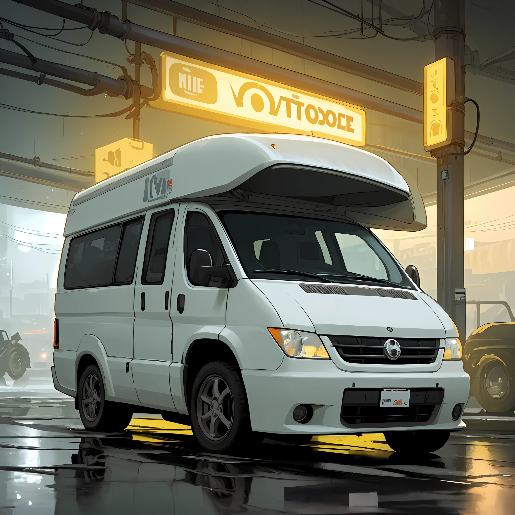 A futuristic van of very stylish design, white and bright, is located in a dark parking lot with puddles on the floor. The yellow lights at the front of the van reflect the atmosphere of the place. On the walls of the parking lot you can see pipes and cables, and bright advertising posters. I want a futuristic background with a dynamic perspective and a dark, abandoned vibe.