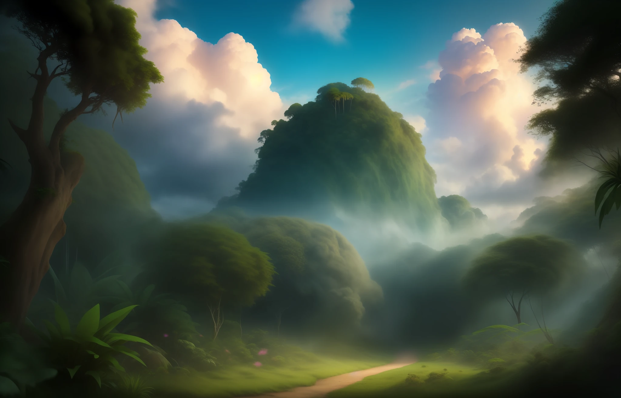 Ultra Realistic, fantasy nature, sky and ground, heavy wind, line cloud, Light shoot from the cloud, jungle, bright fun, ((extreme colors)), vibrant, beautiful, UHD, 8K, extremely detailed, photography, photorealism, natural light, masterpiece, best quality, amazing, intricate, highly detailed, sharp focus, cinematic,