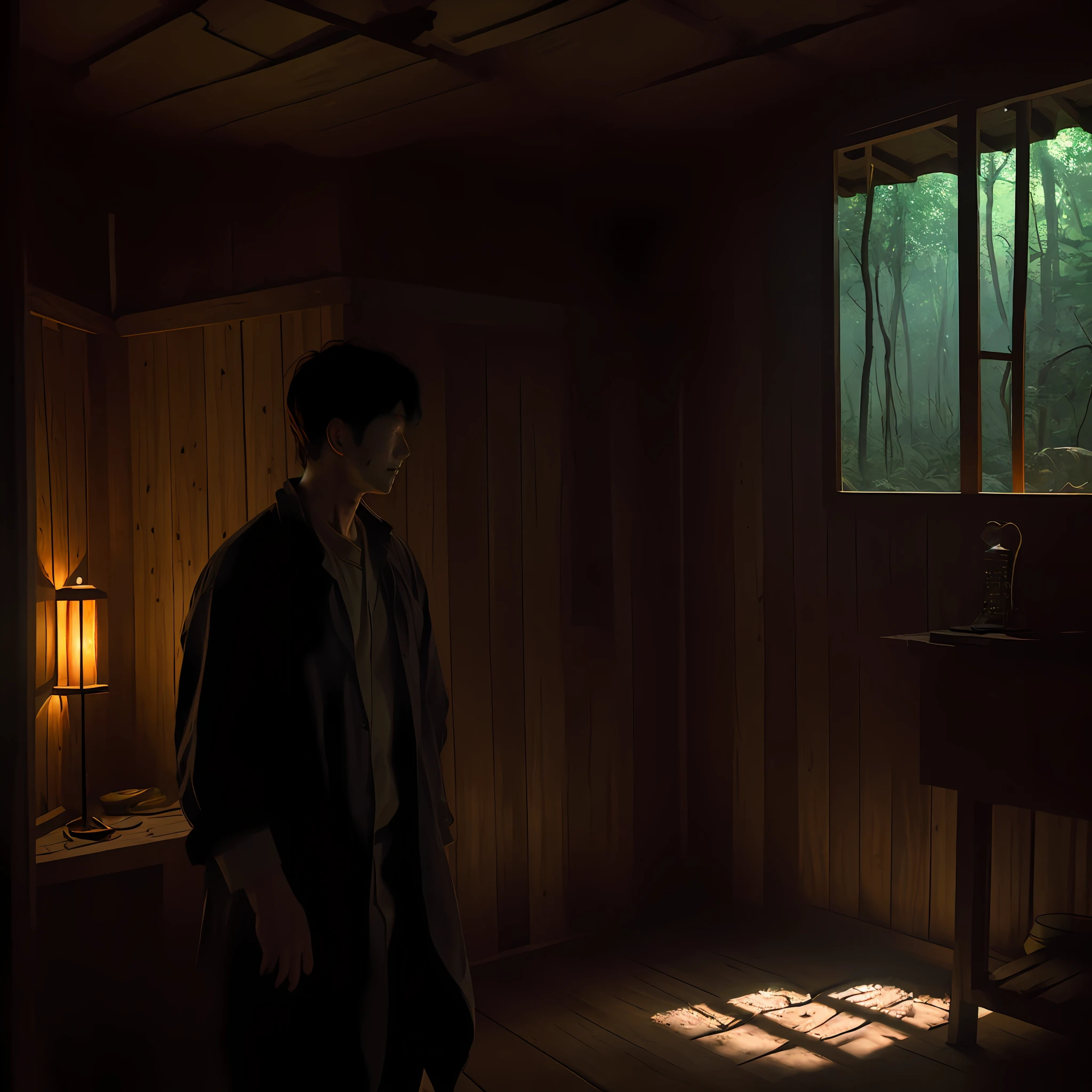 (Wounded man) A wooden house deep in the forest, the dim light casting swaying shadows, the smell of wood and grass in the house, and the humidity that seems to fill the air after the rain.