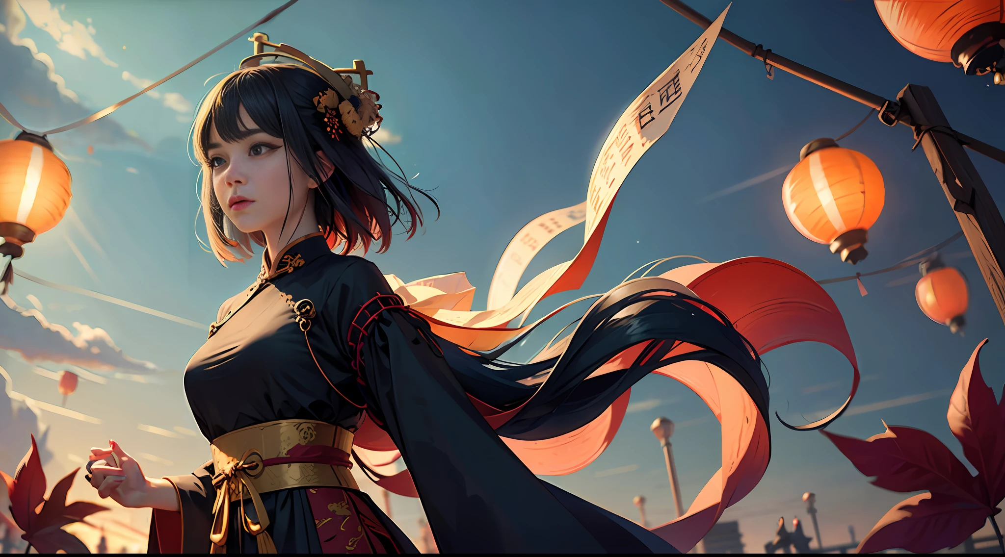 official art, unity 8k wallpaper, ultra detailed, beautiful and aesthetic, masterpiece, best quality, (Fire, water, ribbon, paper cutting), (fractal art:1.3) 1girl,building, (solo:1.5), chinese_clothes, sky, outdoors, wide_sleeves, black_hair, sunset, (falling_leaves:1.2), antern, (paper_lantern:1.5),blue sky, (outdoors:1.5),hanfu, (rainbow-candy:0.8), (style-swirlmagic:0.8),