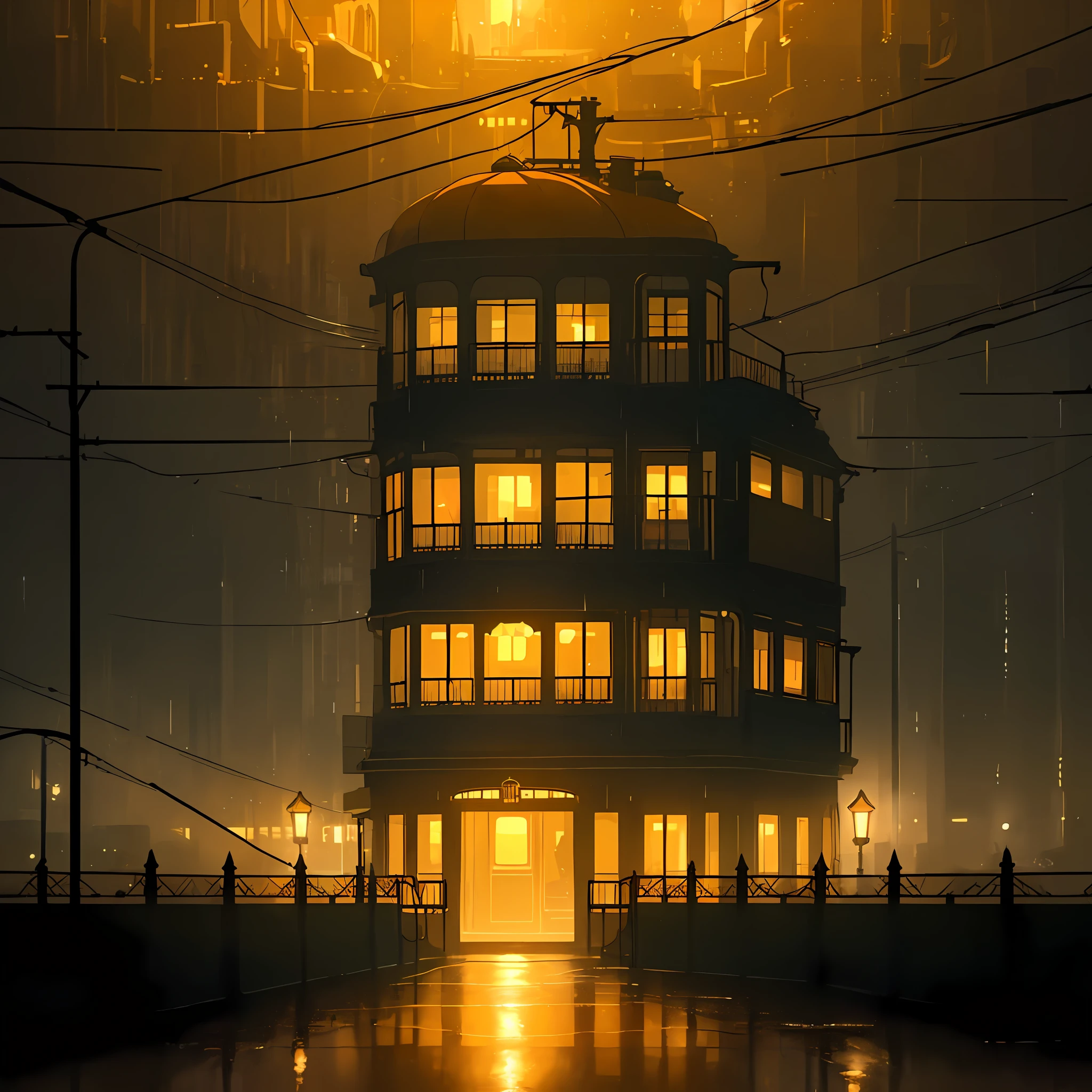 Better quality, Ultra-details, a detailed view of an orange tram cabin, in the background the silhouette of a dark city (with some windows shining yellow light), with some street lamps illuminating the ground, with a thick fog and torrential rain, showing the image of a big city in the distance with illuminated windows (yellow) and bright street lamps,  Tangled cables creating a chaotic environment.